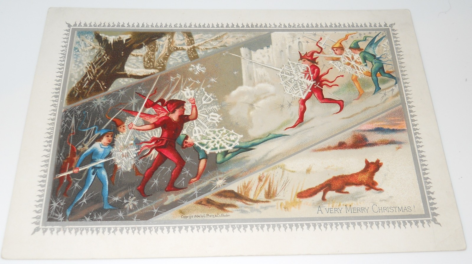 Victorian Card Christmas Prang Fairies/Fox Snowflakes 1884 White Border