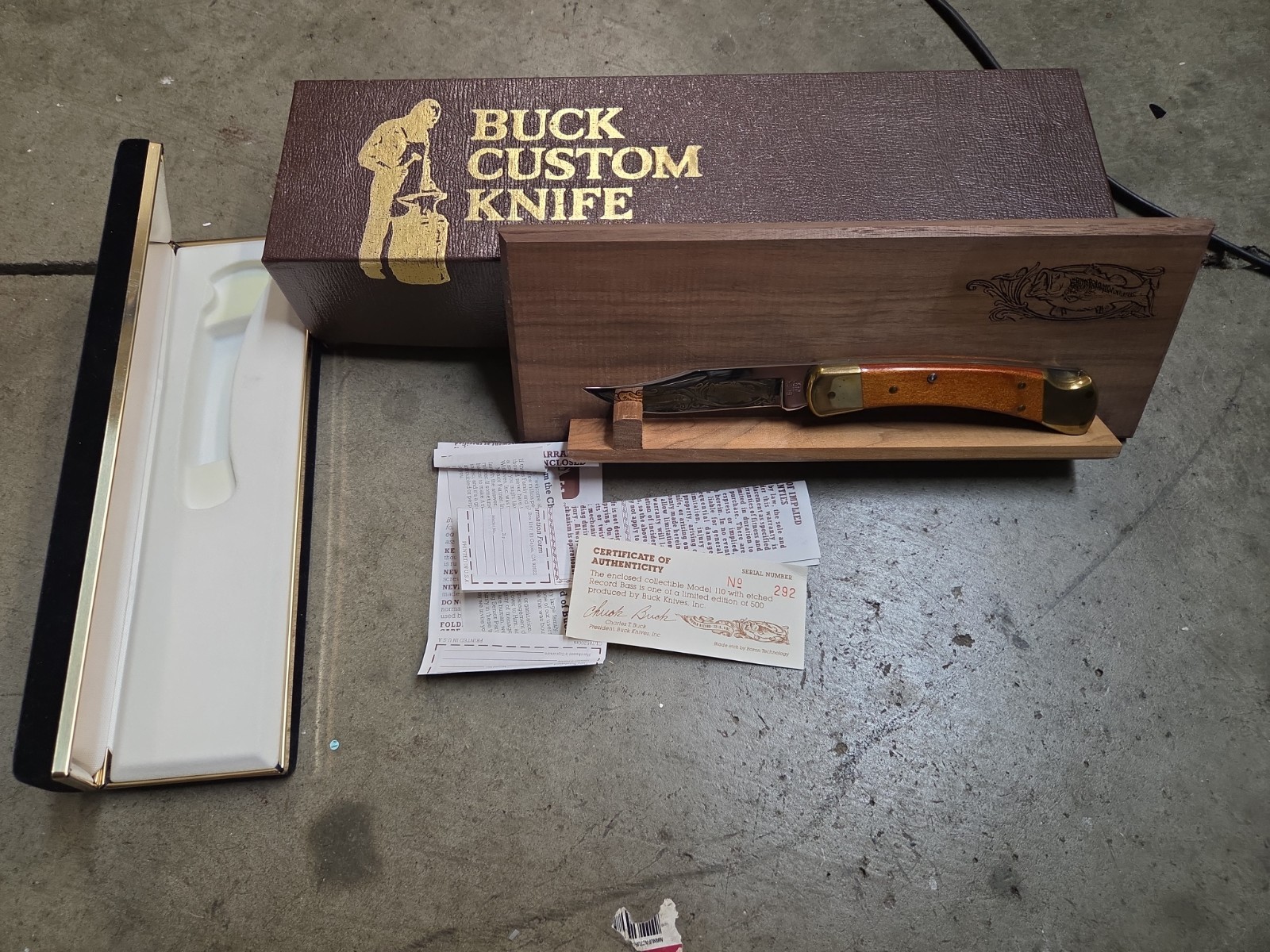 VINTAGE BUCK 110 CUSTOM WORLD RECORD BASS KNIFE #292/500 GOLD ETCH COA...