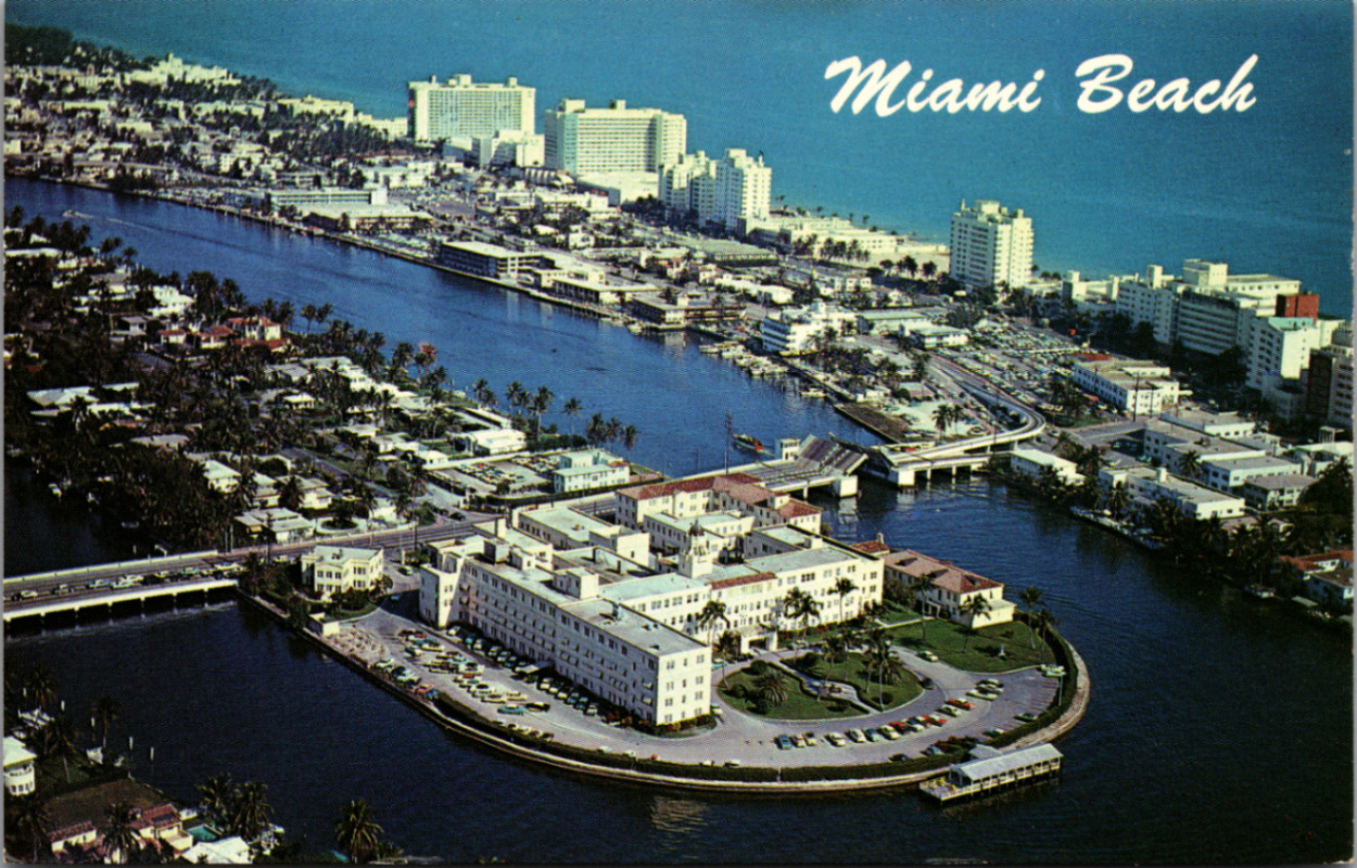 Vintage Miami Beach FL Aerial View Hotel Row St. Francis Hospital Postcard