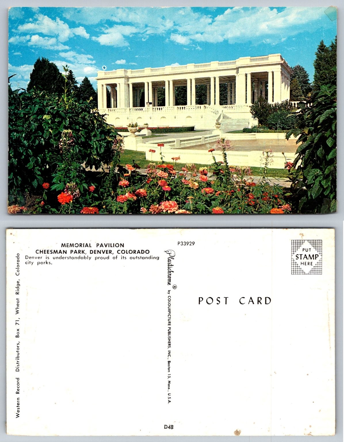 Cheesman Park Memorial Pavilion Denver CO Plastichrome Postcard 1950s-60s