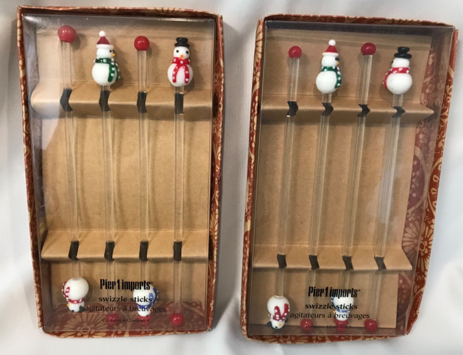 8 (2 sets of 4) Pier 1 Christmas Snowman Glass Swizzle Sticks in box New Unused
