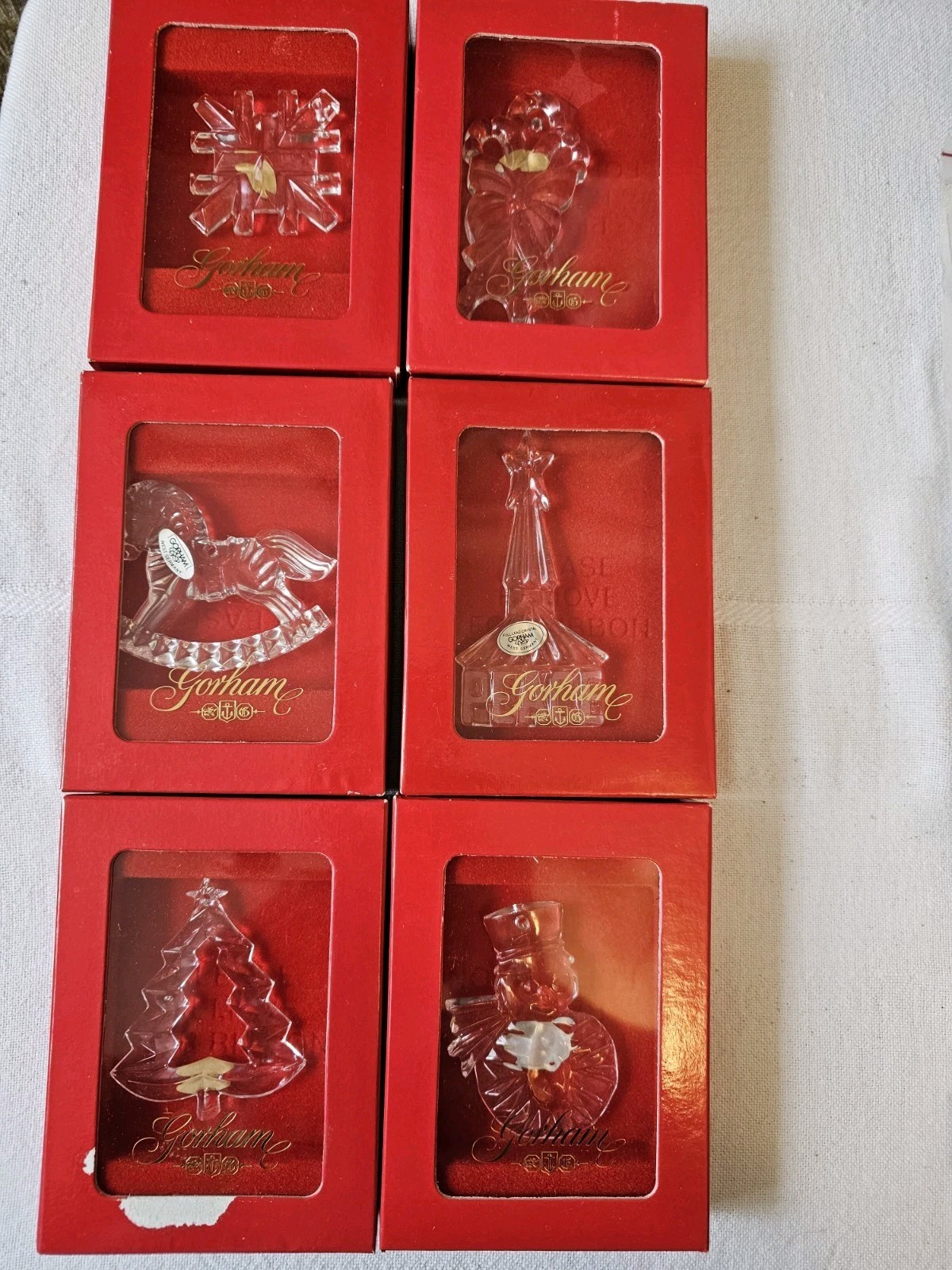 6 Gorham Crystal Ornaments Christmas Tree Snowman Church Snowflake W Germany