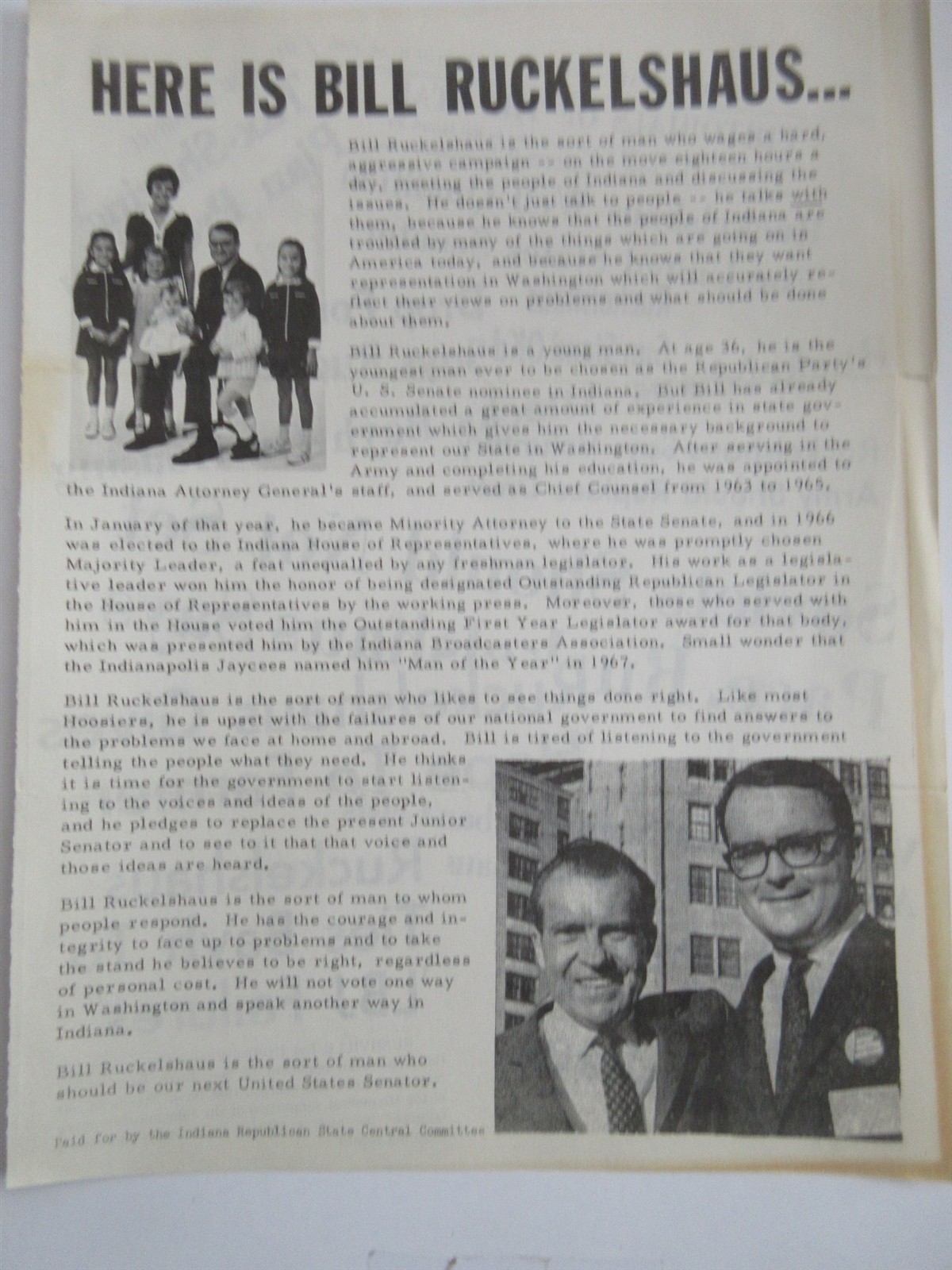 1968 Bill Ruckelshaus Indiana US Senate Campaign original double-sided flyer 