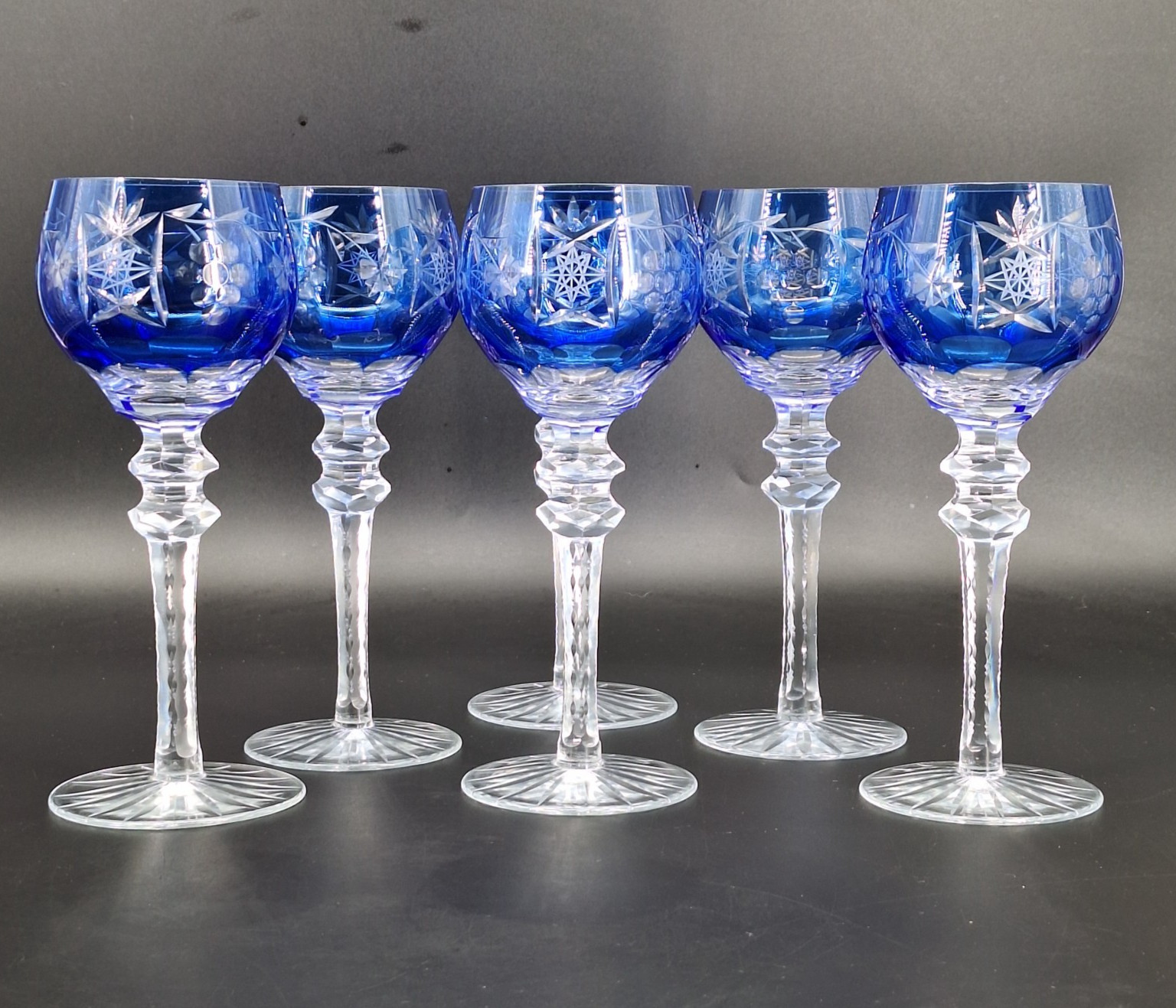6 Vtg Nachtmann Traube Cobalt Blue Cordial Glasses Cut to Clear German Glass