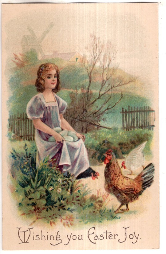 ANTIQUE EMBOSSED EASTER Postcard     YOUNG GIRL HOLDING EGGS IN HER SKIRT, HEN