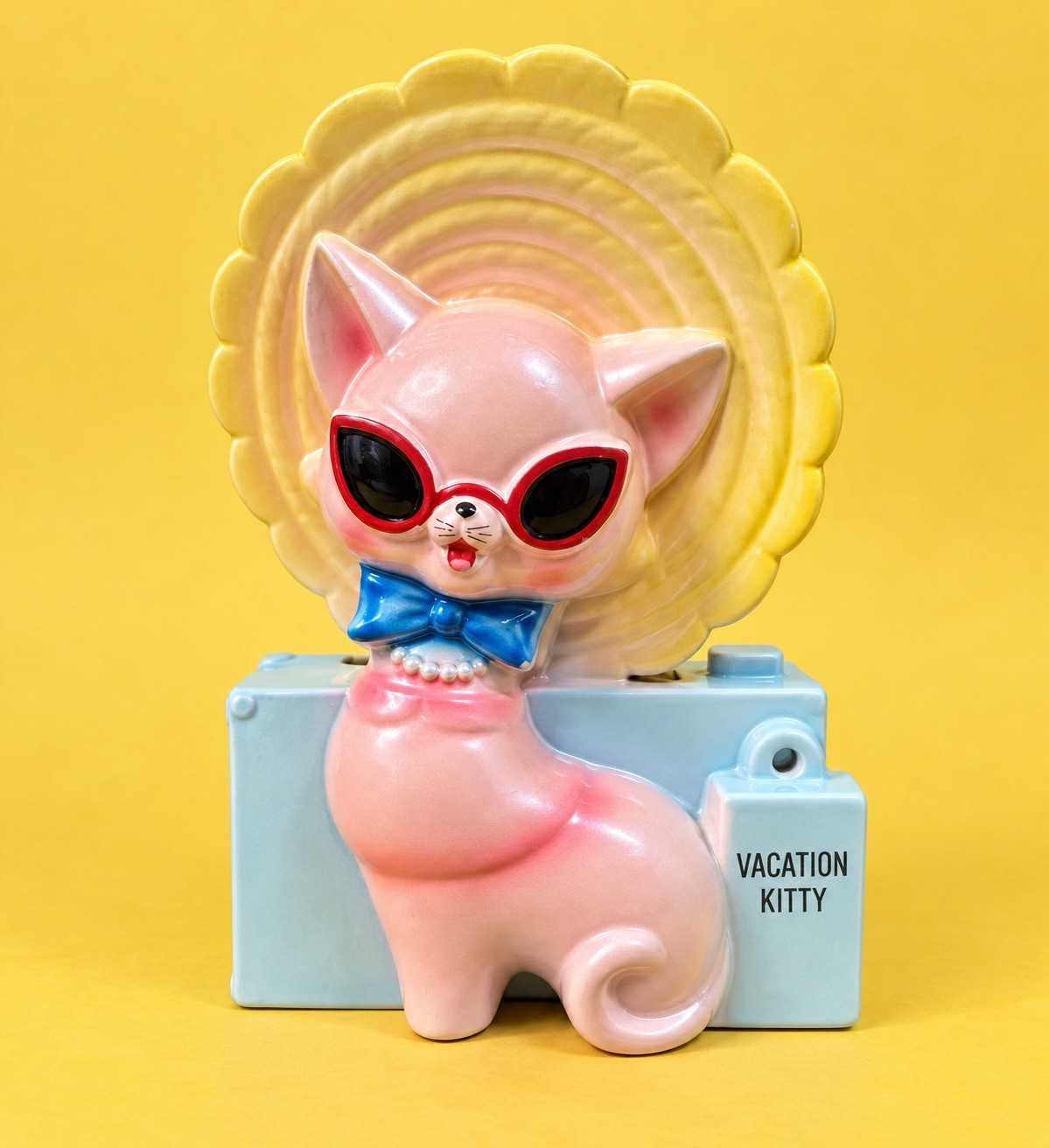 CUTE Vintage Napco Vacation Pink Kitty Cat Kitten Bank Ceramic Kitsch Figurine