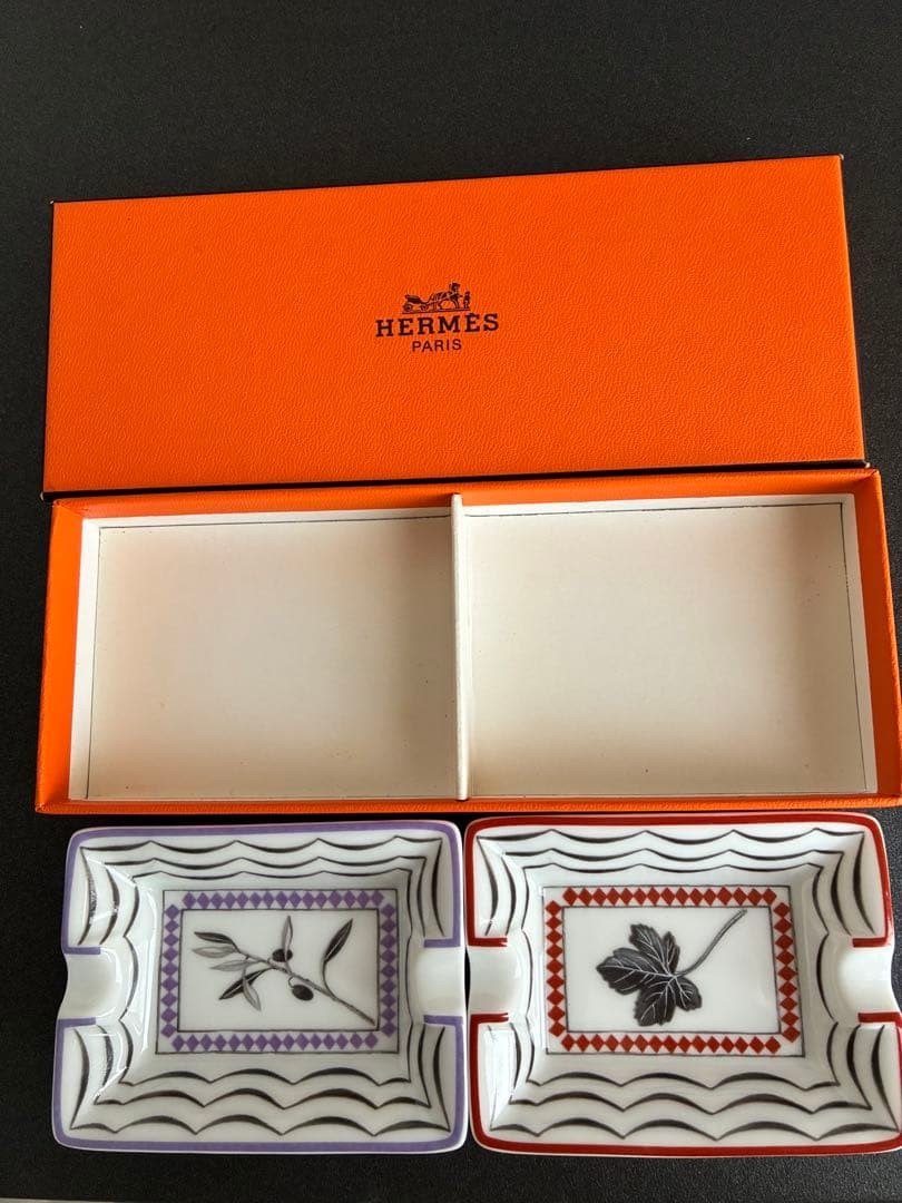 HERMES Mini Ashtray Set Of 2 Purple Red Mini Tray Porcelain Rectangle W/Box