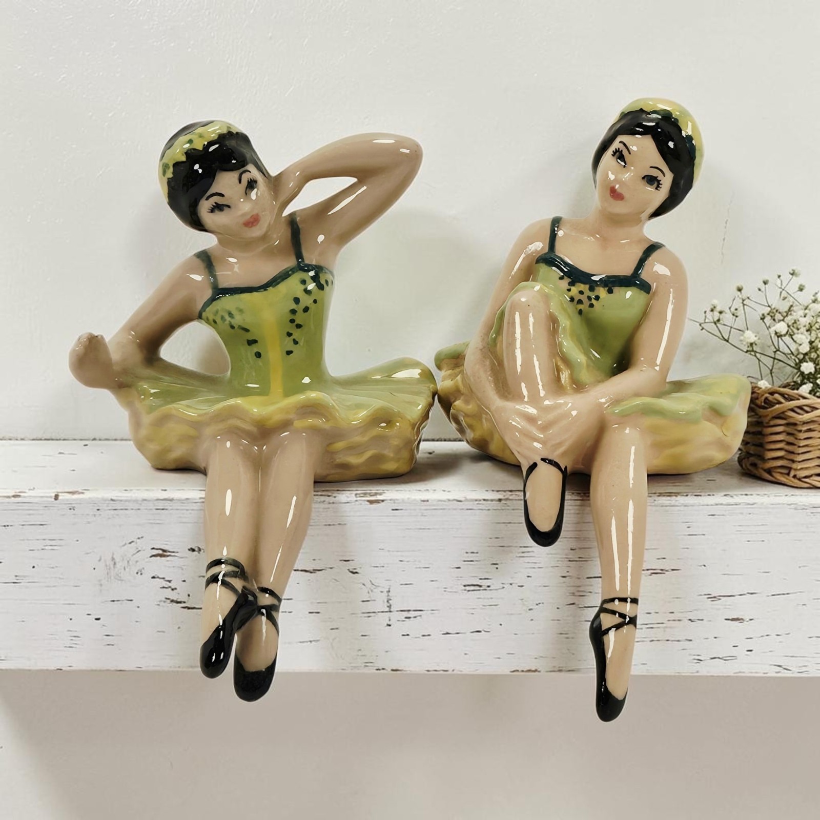 2 VTG Ceramic Arts Studio Ballerina Shelf Sitters En Pose & En Repose Green 4