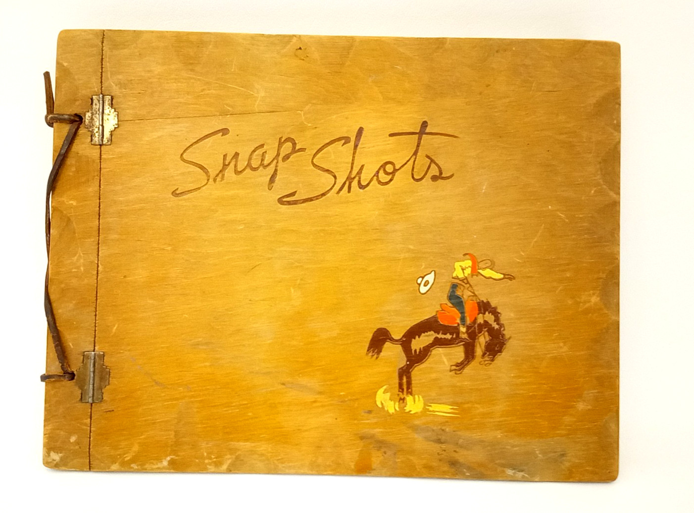 Antique handmade wood scrapbook cowboy PNW old pics inside