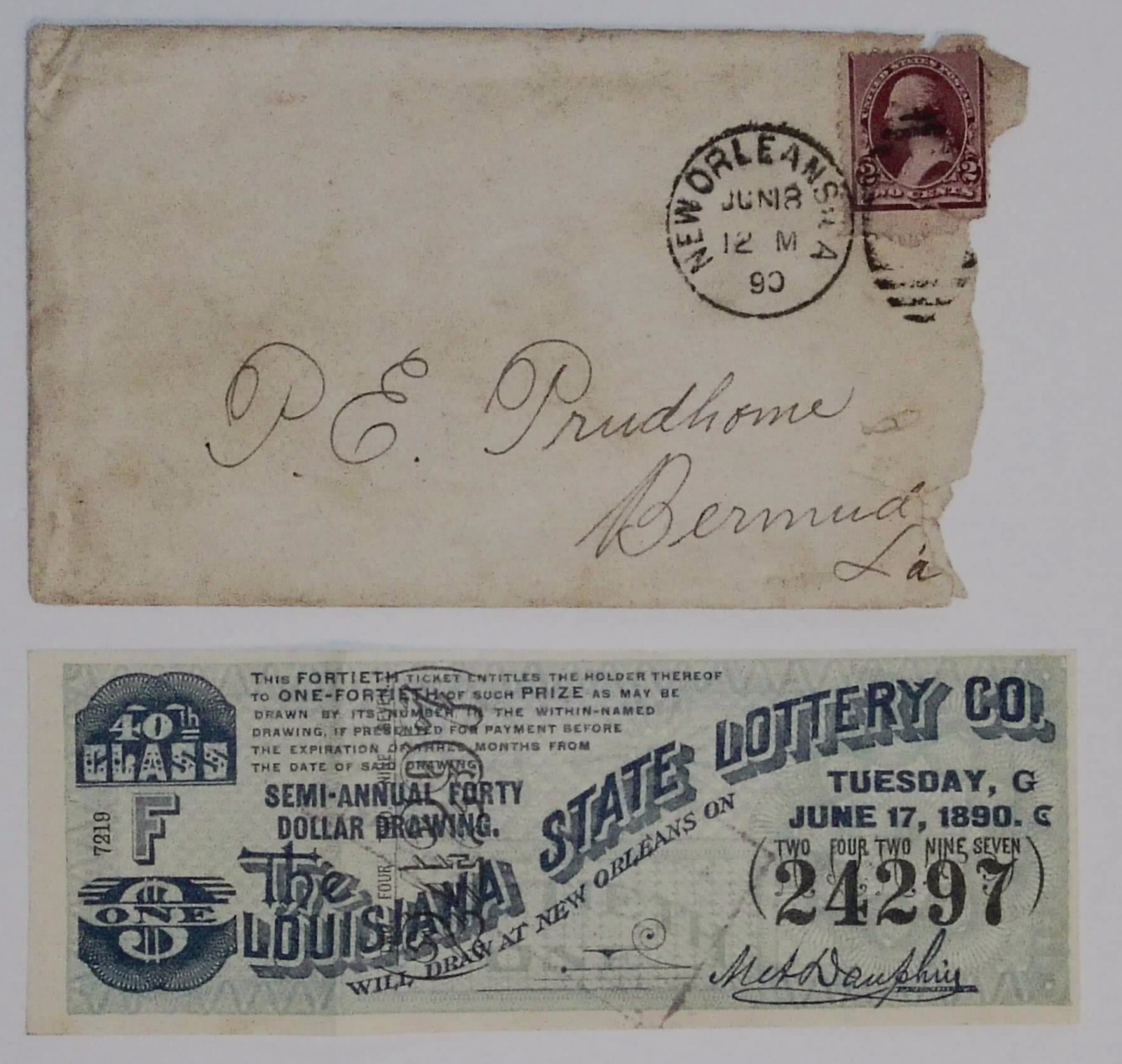Louisiana State Lottery Ticket 1890 New Orleans 40th Class F one dollar 1890