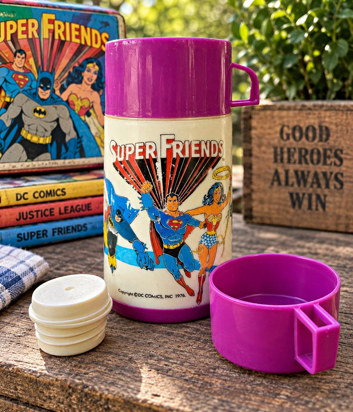 Vintage 1976 Aladdin Super Friends DC Comics Thermos Superman Batman 8oz