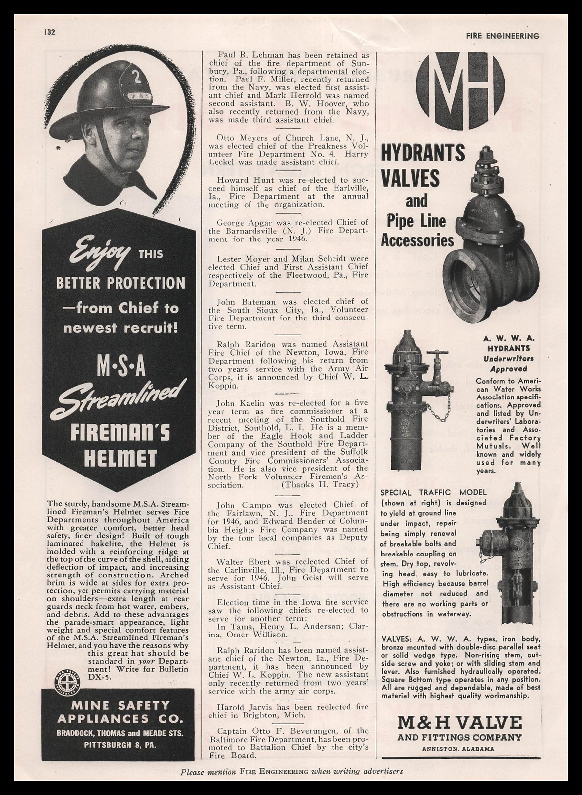 1946 Mine Safety Appliances Pittsburgh MSA Streamlined Fireman\'s Helmet Print Ad