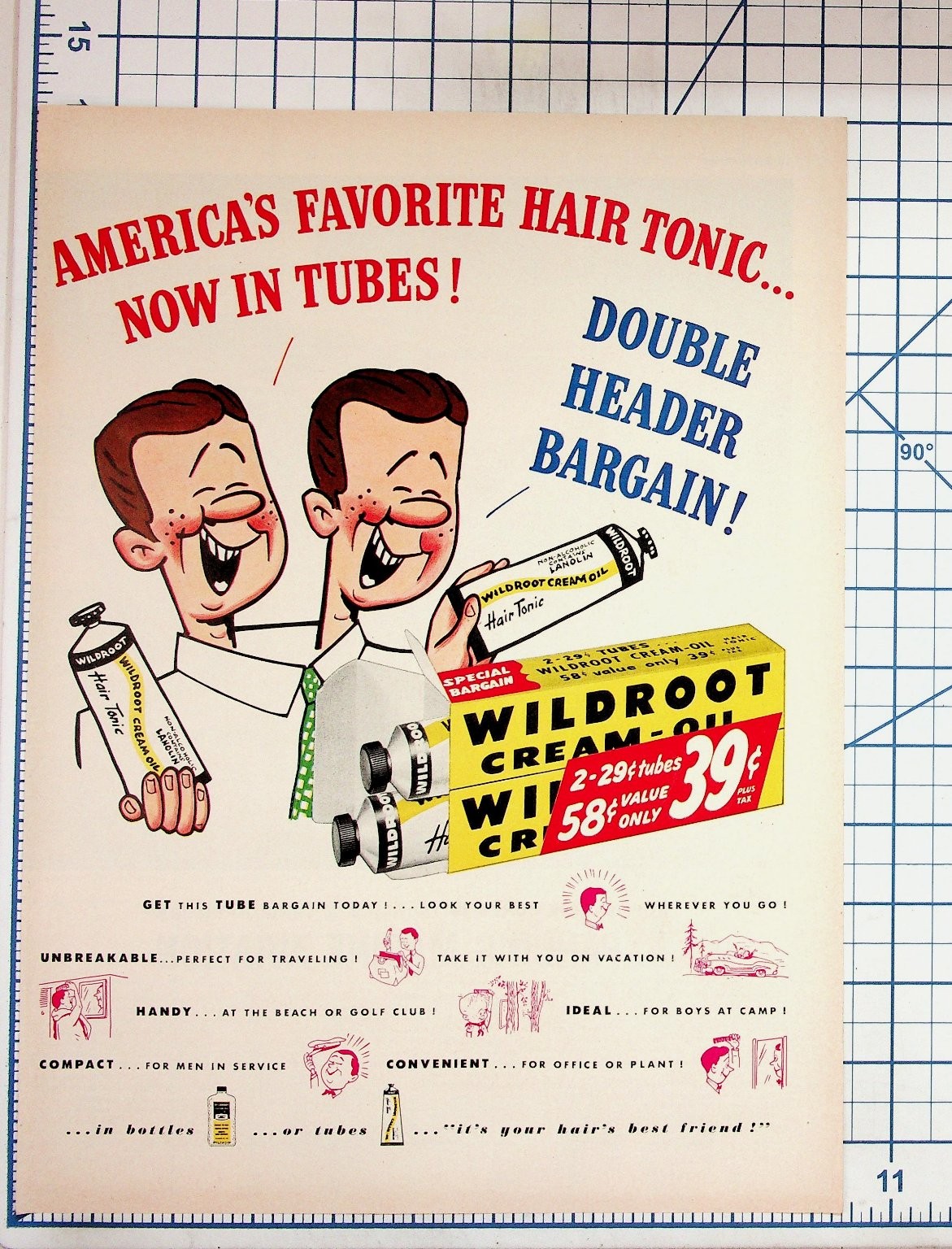 Vintage 1950s Wildroot Cream-Oil Hair Tonic Ad Ephemera Mid-Century Men's
