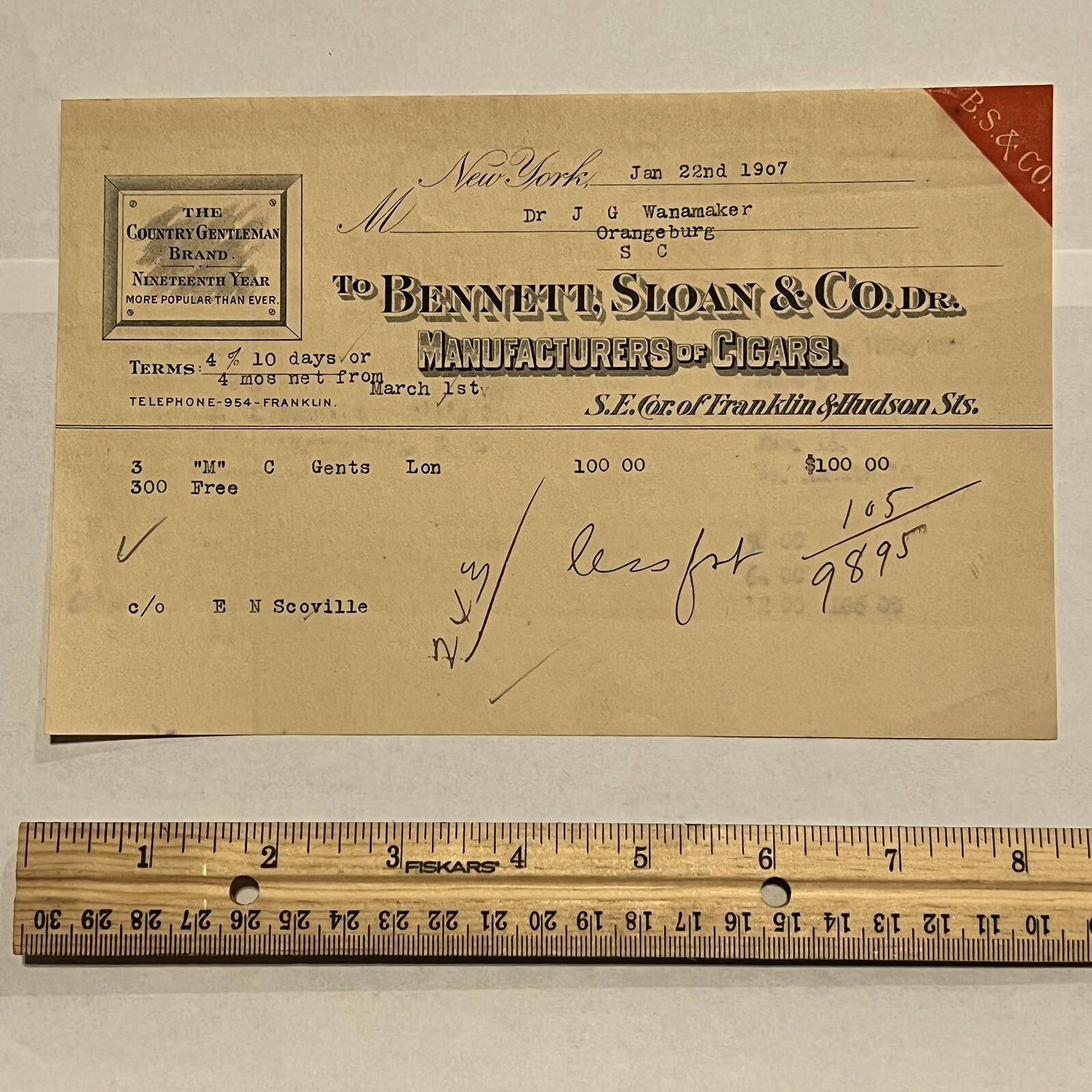 1907 BS & CO. BENNETT SLOAN MANUFACTURERS OF CIGARS SC, RECEIPT FOR GENTS