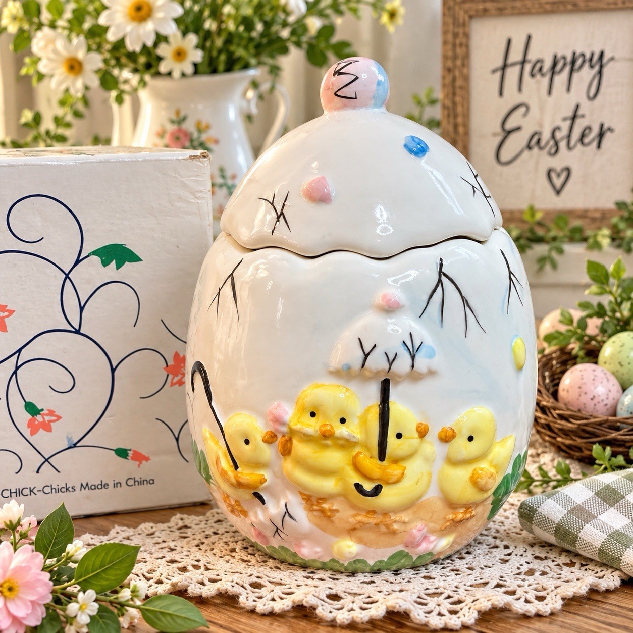 Vintage Ceramic Easter Chick Cookie Jar Canister Yellow Chicks Spring Decor
