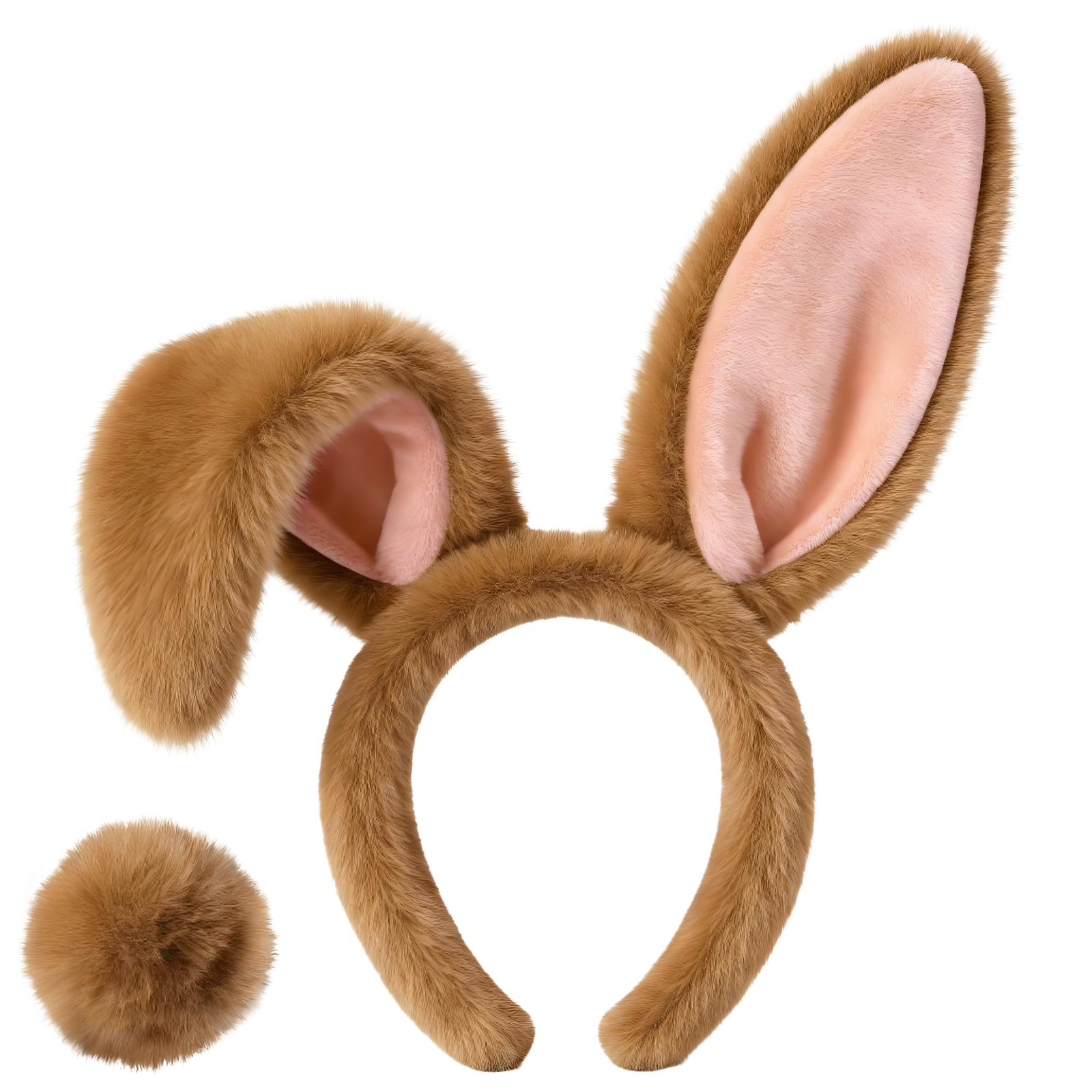 Easter Bunny Ears Headband and Bunny Tail, Brown Rabbit Ears Hairband Set