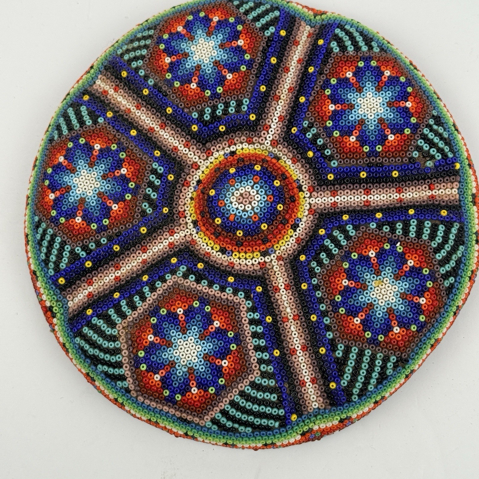 Wixárika Huichol Beaded Wood Bowl Plaque Mexican Folk Art 6” Seed Bead