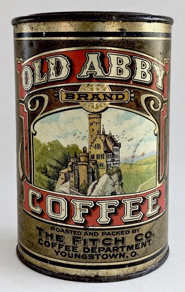 Vintage Old Abby Coffee Tin Fitch Co. Youngstown Ohio Castle Advertising 6”