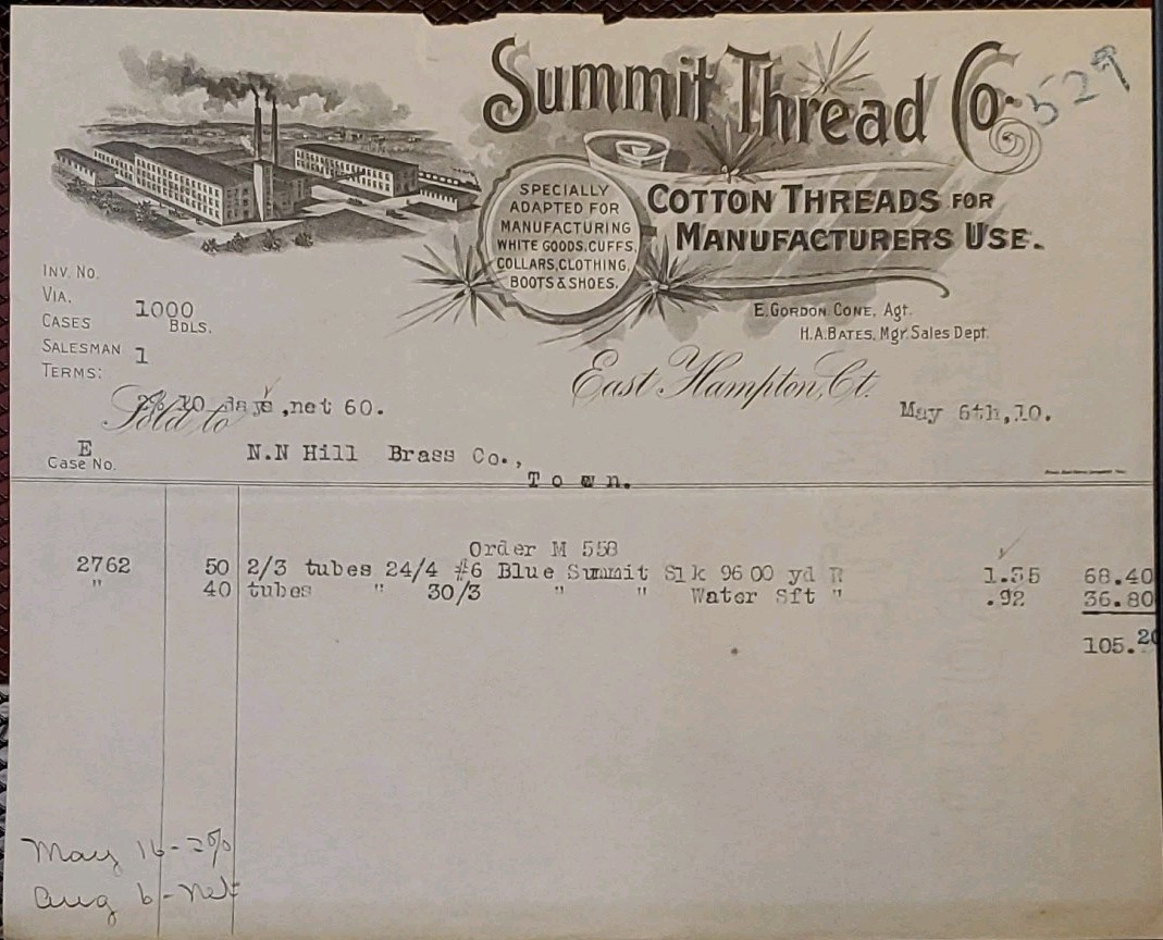 1910 Summit Thread Co Cotton Threads Billhead Receipt East Hampton Connecticut