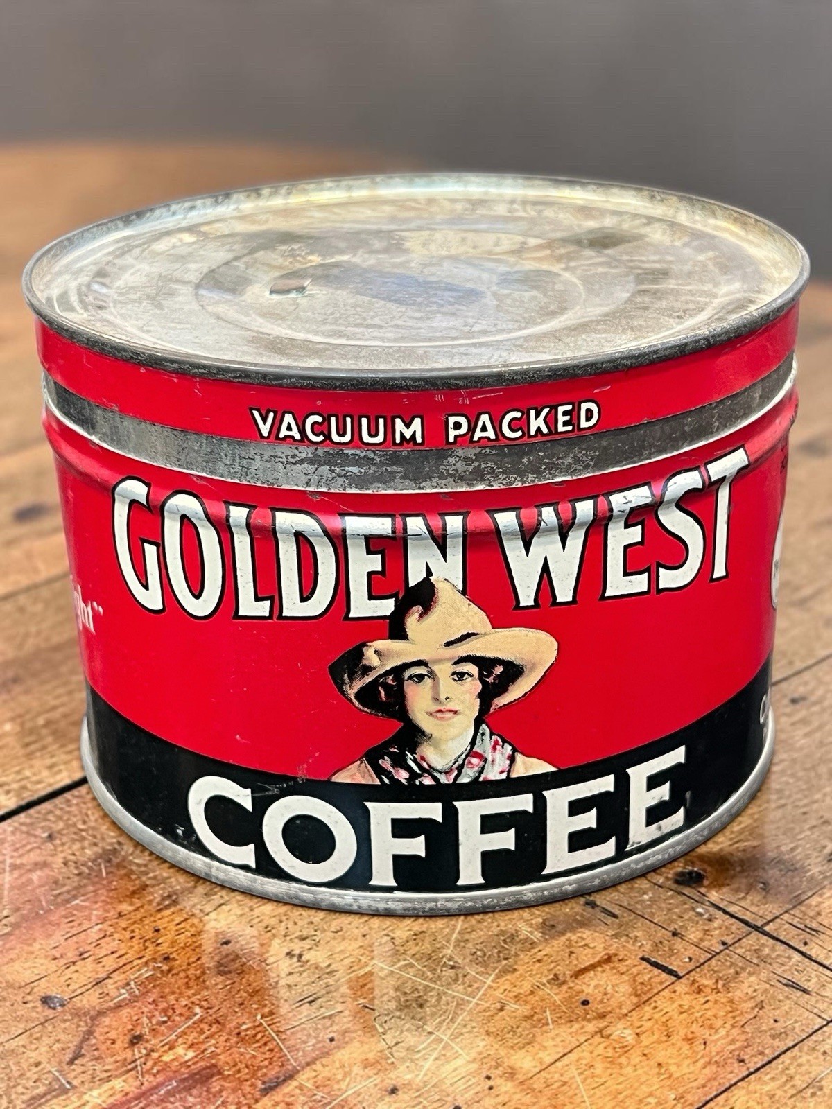 Vintage Golden West Coffee Tin 1927 Closset & Devers 1 Lb Can Cowboy 