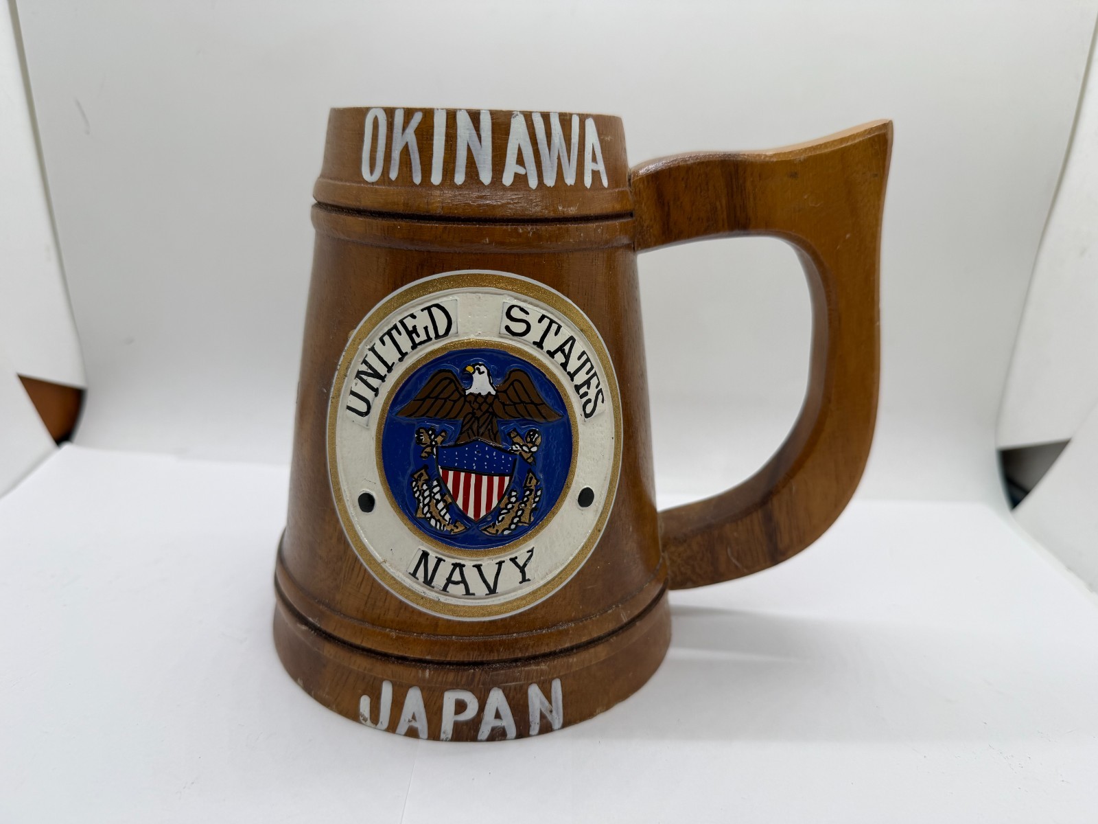 Vintage US Navy Wooden Mug Okinawa Japan Souvenir Hand Carved Tankard Stein USN