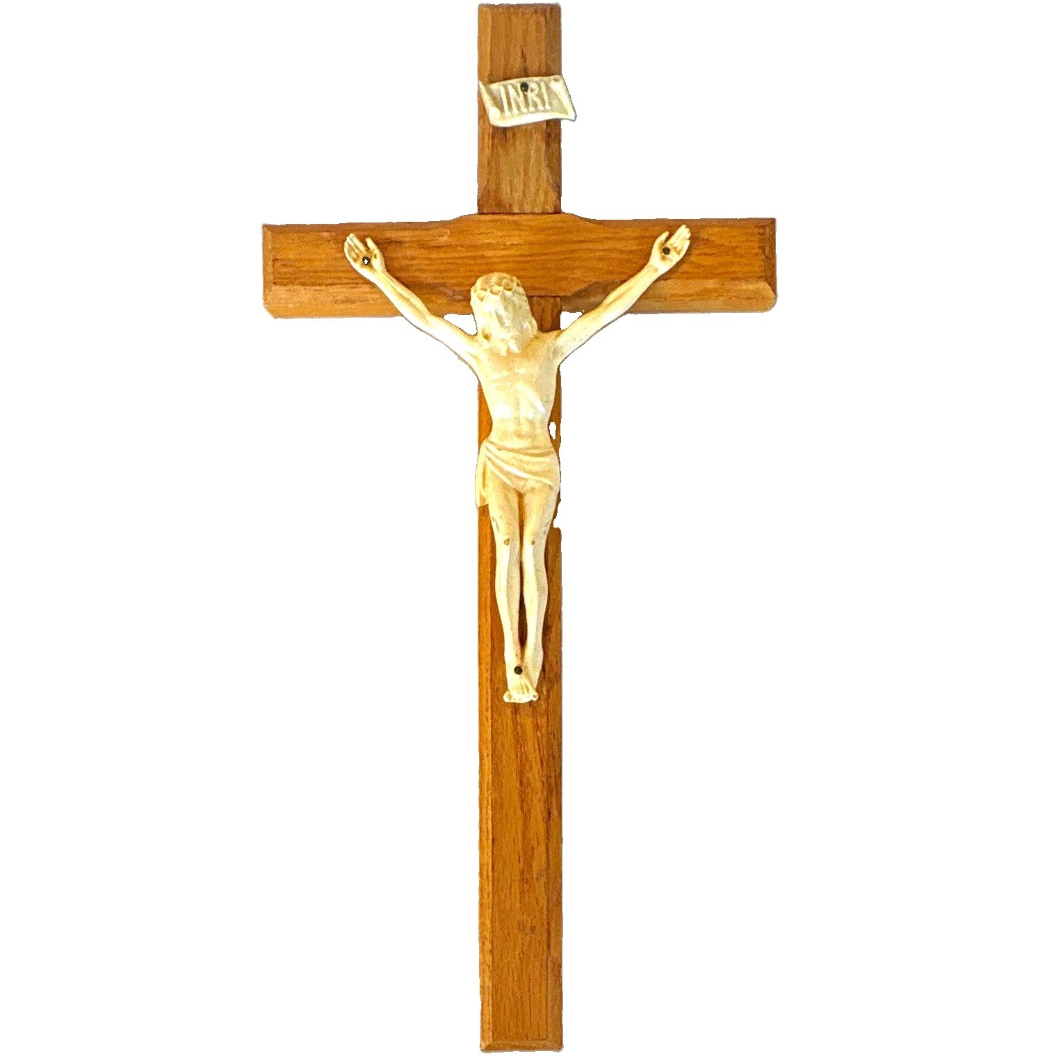 Antique 1920’s Oak Crucifix Wall Cross with Jesus Corpus INRI Plaque 13”x 6.5”