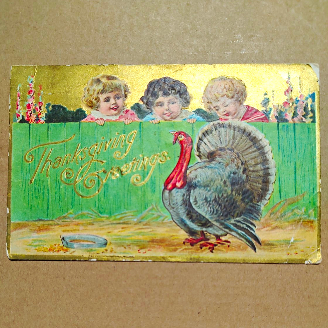 Vintage Thanksgiving Greetings Postcard Turkey & Children Multicolor Holiday.P4