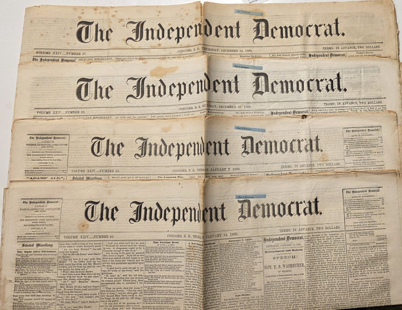 Four (4) 1869-1870 issues of the Concord, New Hampshire, Independent Democrat