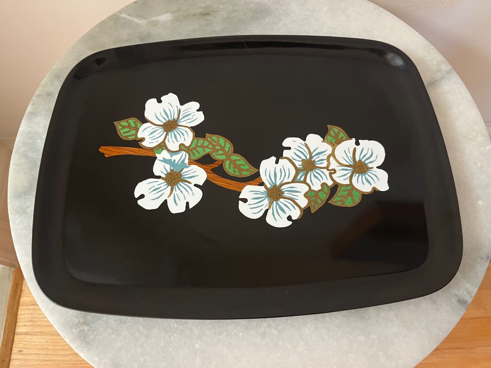 Rare Vintage Couroc Monterey Tray Dogwood blossoms black white green wood