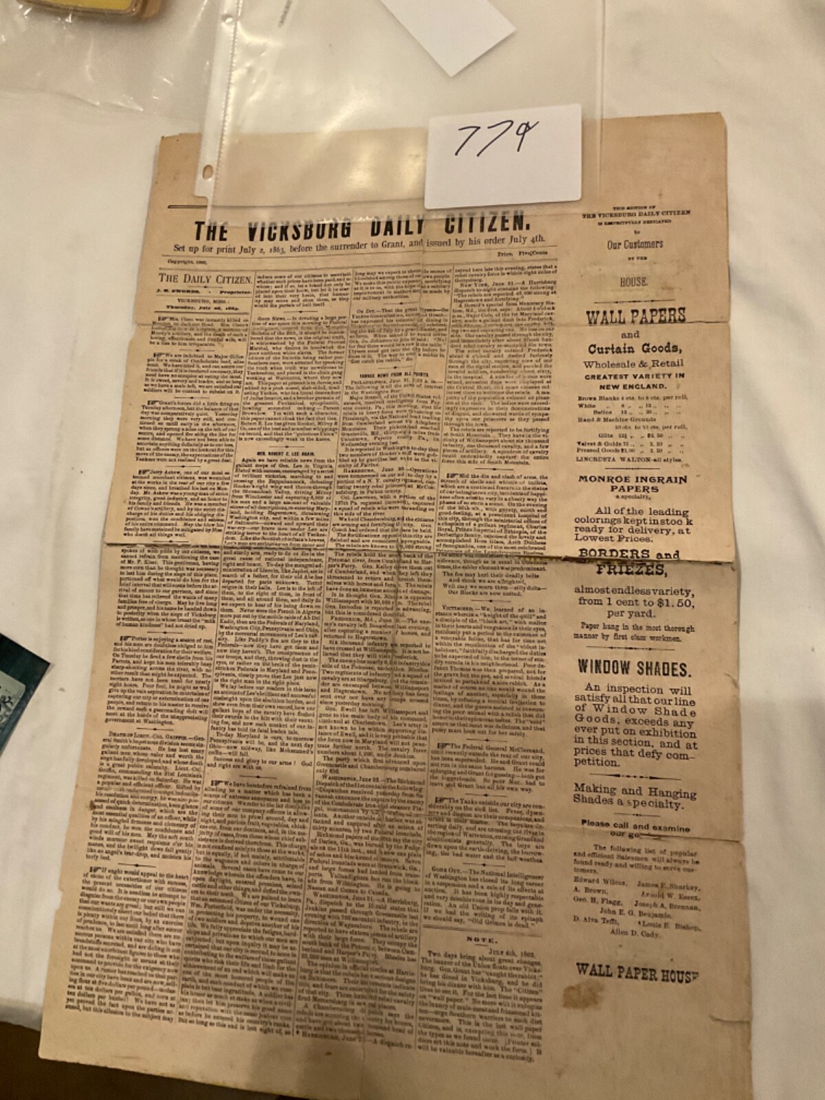 779 VICKSBURG MISSISSIPPI CIVIL WAR WALLPAPER NEWS GAR VETERANS REPRINT 1890’s