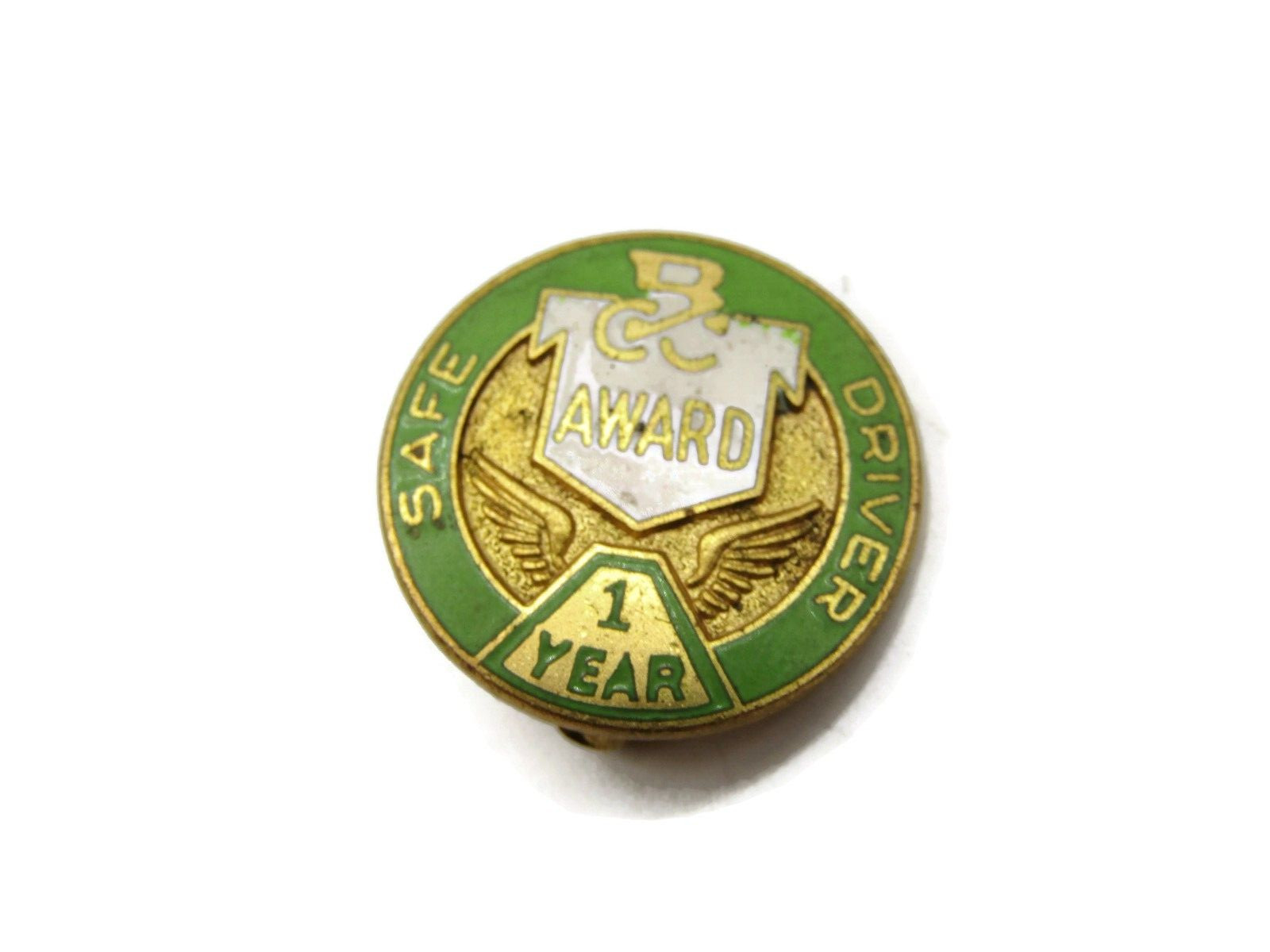 Vintage BCC Safe Driver Award 1 Year Pinback Green Gold Enamel Winged Lapel Pin