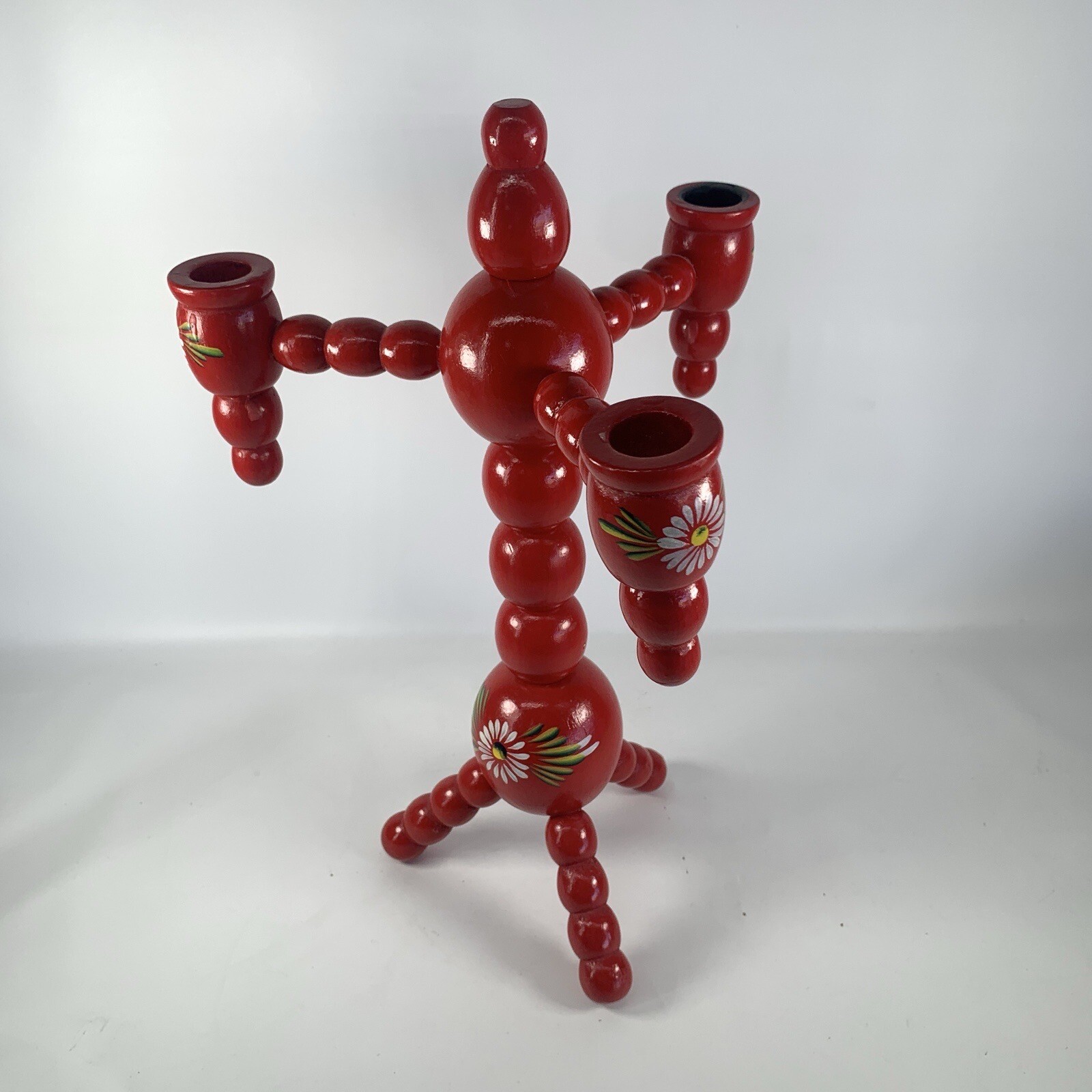 Swedish Candelabra Wood Red Flower Vintage Mid Century Sweden Candle Holder