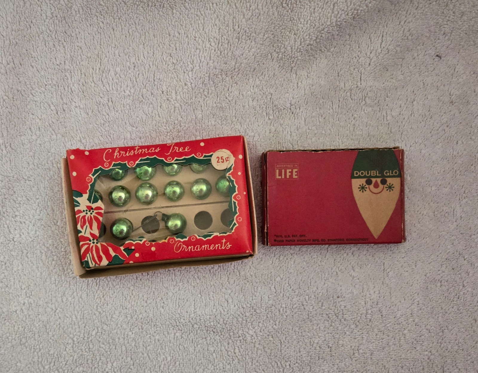 Vintage Tiny Green Christmas Ornaments Original Box & Life Doubl Glo Hooks