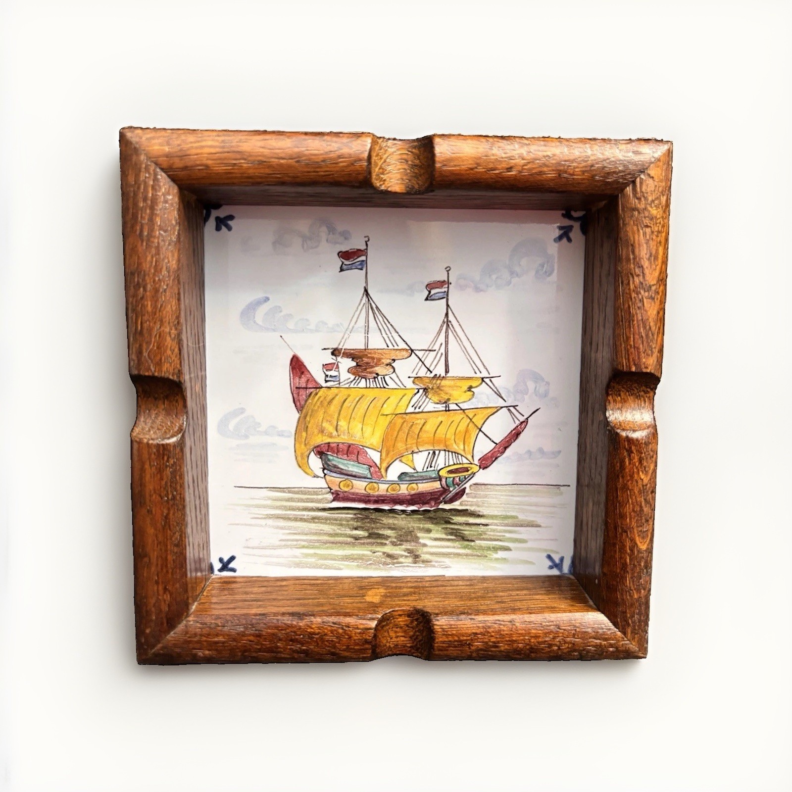 Vtg Westraven Utrecht Hand Painted Dutch Ship Ceramic Tile Wooden Ashtray Signed