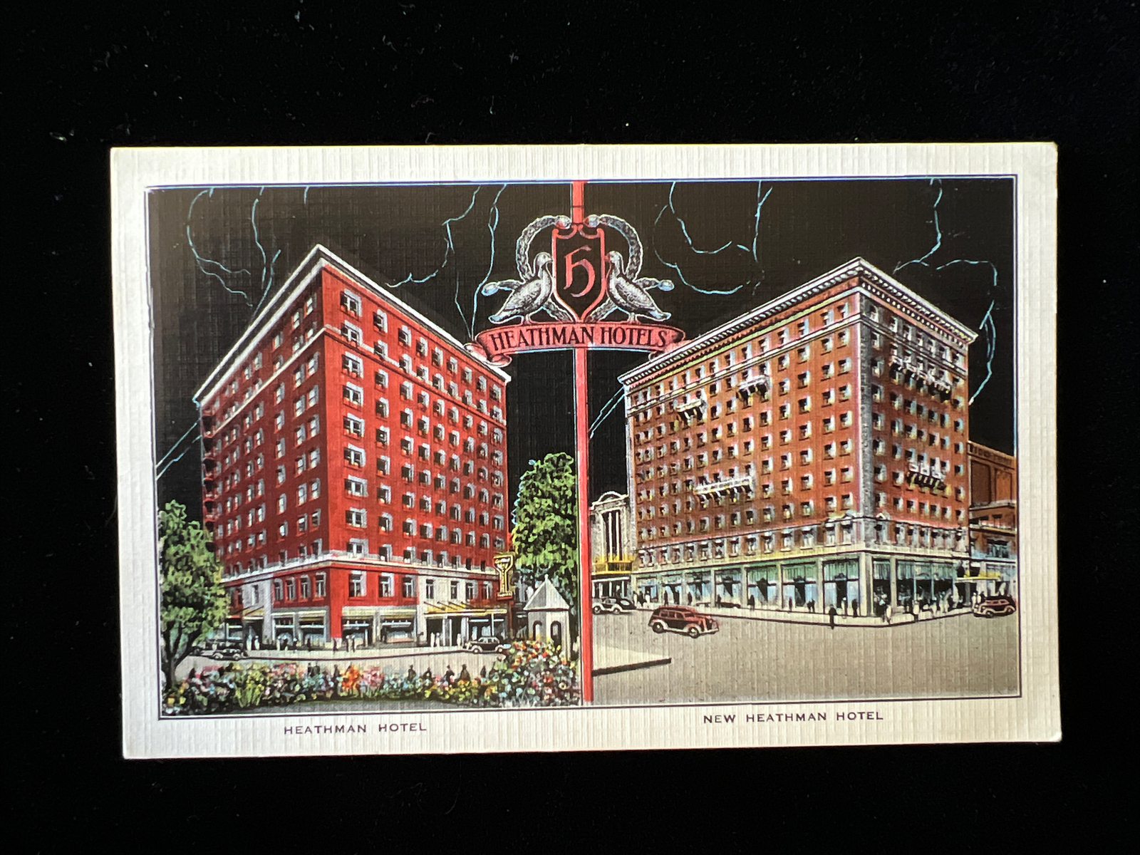Vintage Heathman Hotel Portland OR Street view Linen Postcard c1944 1c Stamp