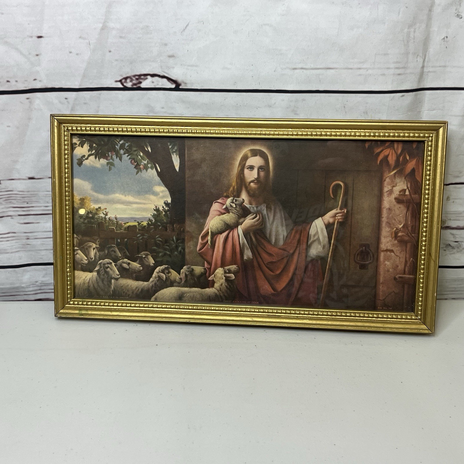 Vintage Framed Print Jesus Christ Knocking At Door Lambs Good Shepherd