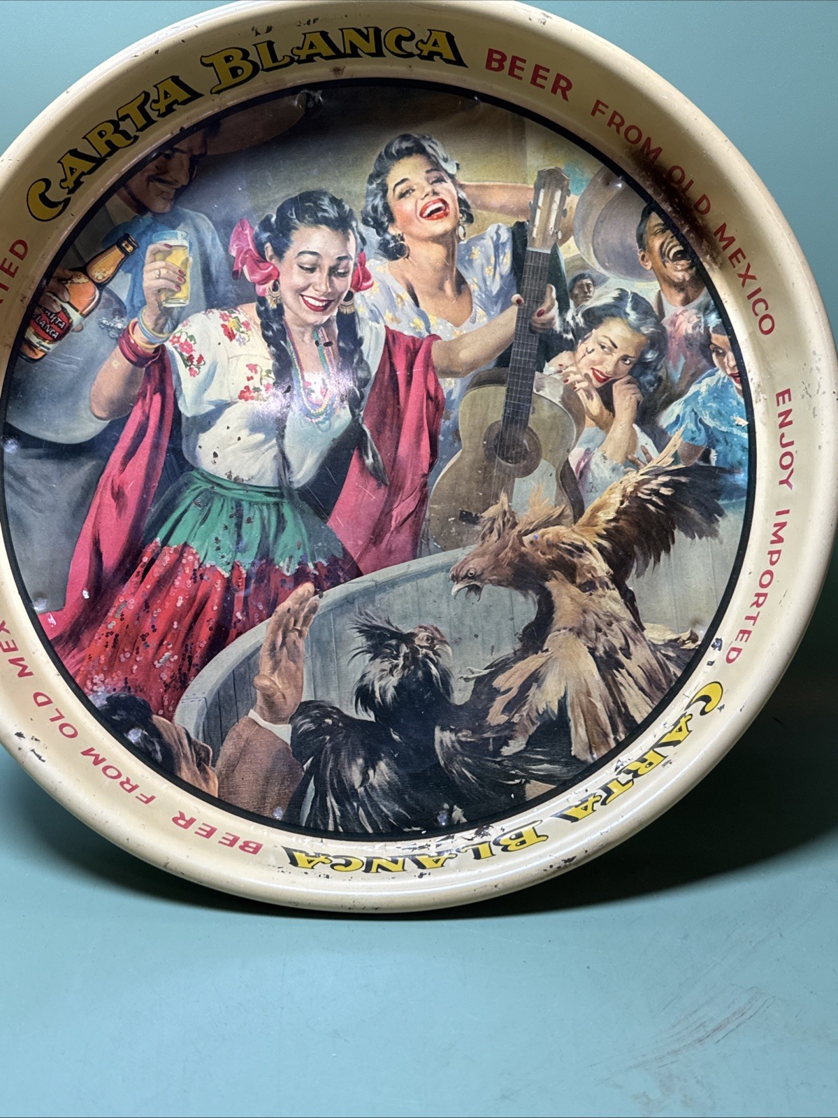 Vtg 1950s Carta Blanca Beer Tray Mexico Fiesta Roosters Guitar Metal Tin Rare