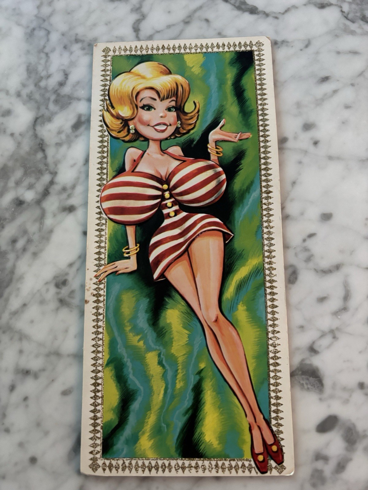 Vintage 1960s Big Boob Think Big Humorous Greeting Card USED Ephemera