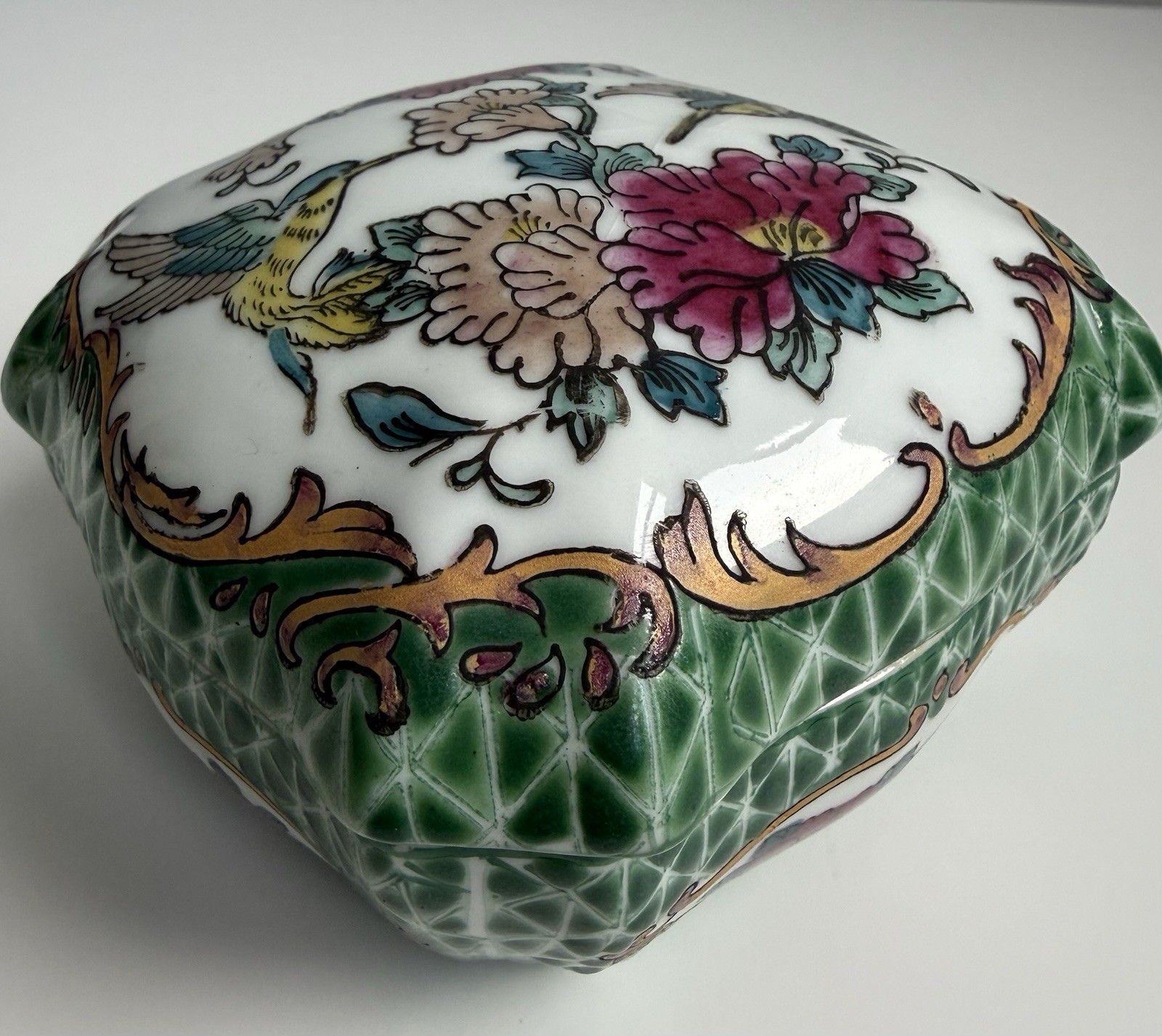 Vintage Tryon House Hand Painted Chinese Porcelain Trinket Box Birds Flowers