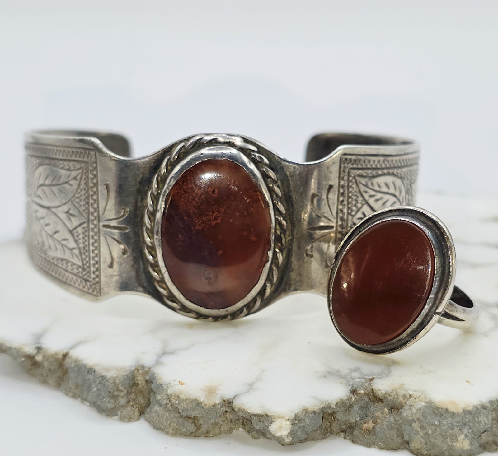 Old Native American Sterling Silver & Red Jasper Bracelet + Ring Set - Vintage