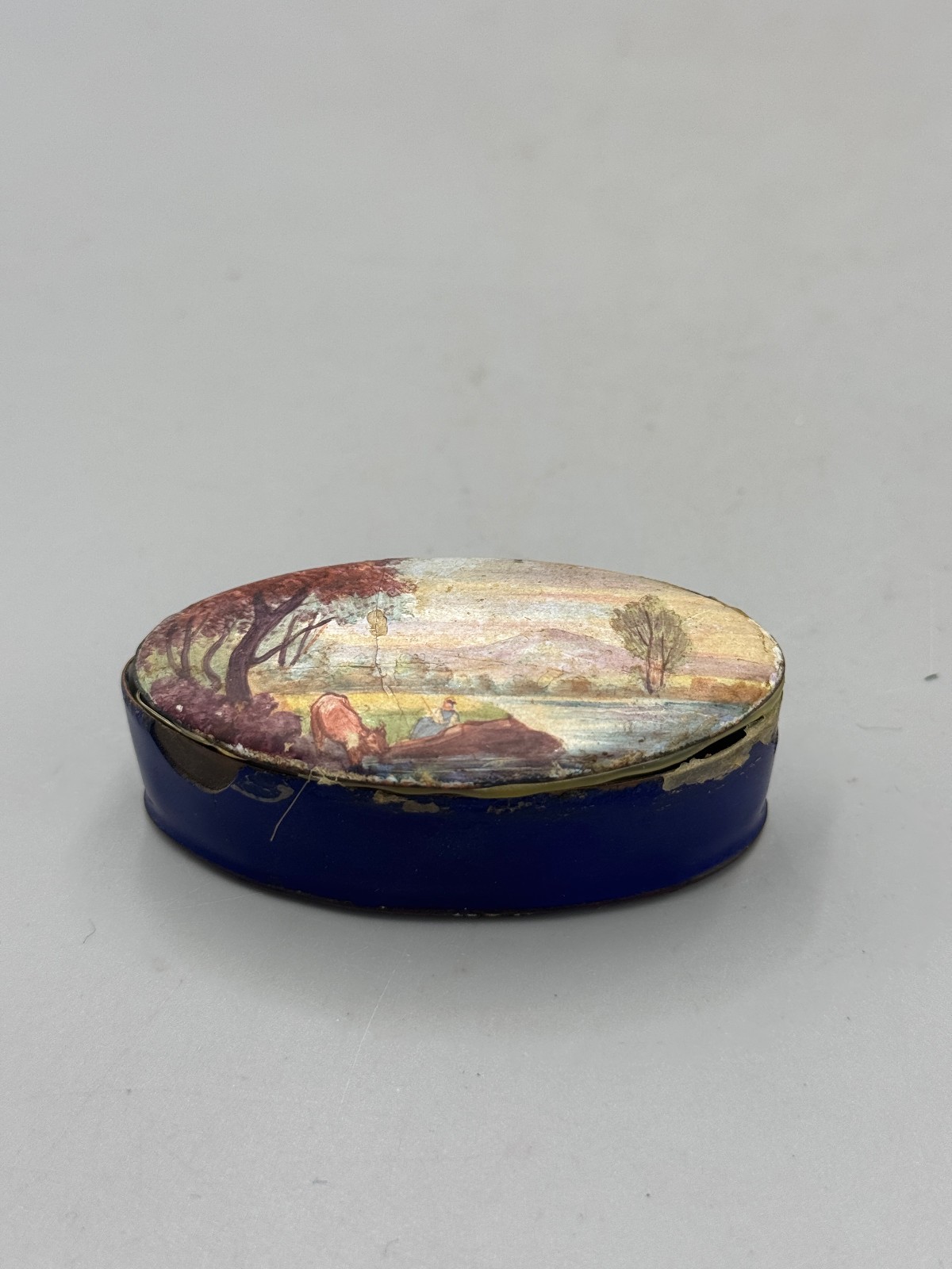 Antique Victorian European Enamel Trinket Box, Pastoral Landscape, 2.75''