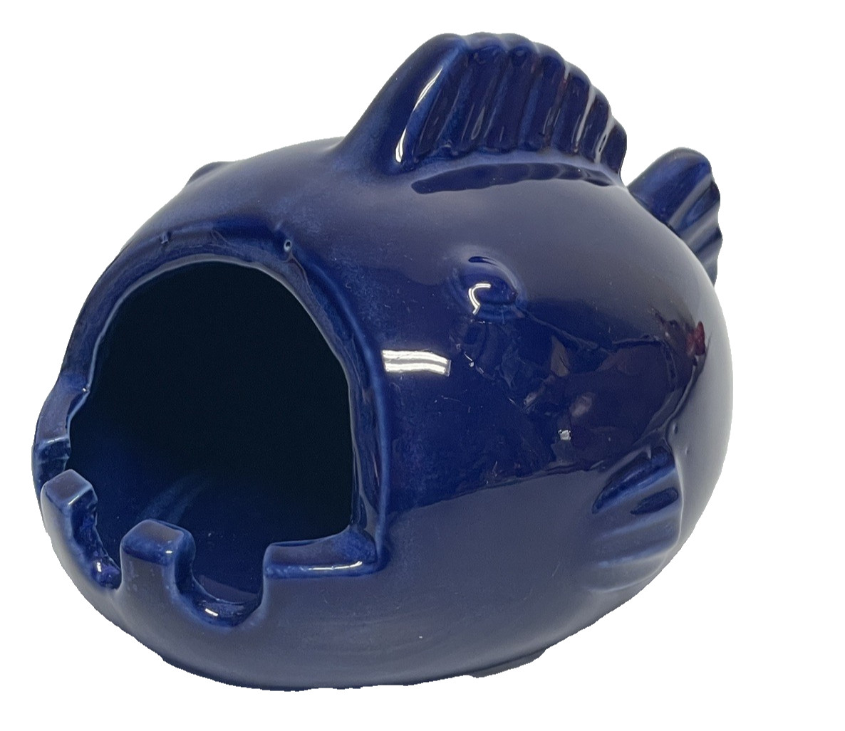 Vtg Cobalt Blue Glaze Ceramic Open Mouth Fish Ashtray Matchbook Holder Cavanaghs