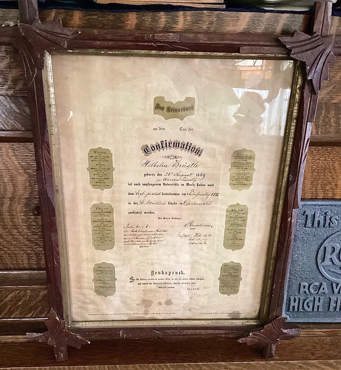 Antique German American Confirmation Certificate Cincinnati Ohio Folk Art Frame