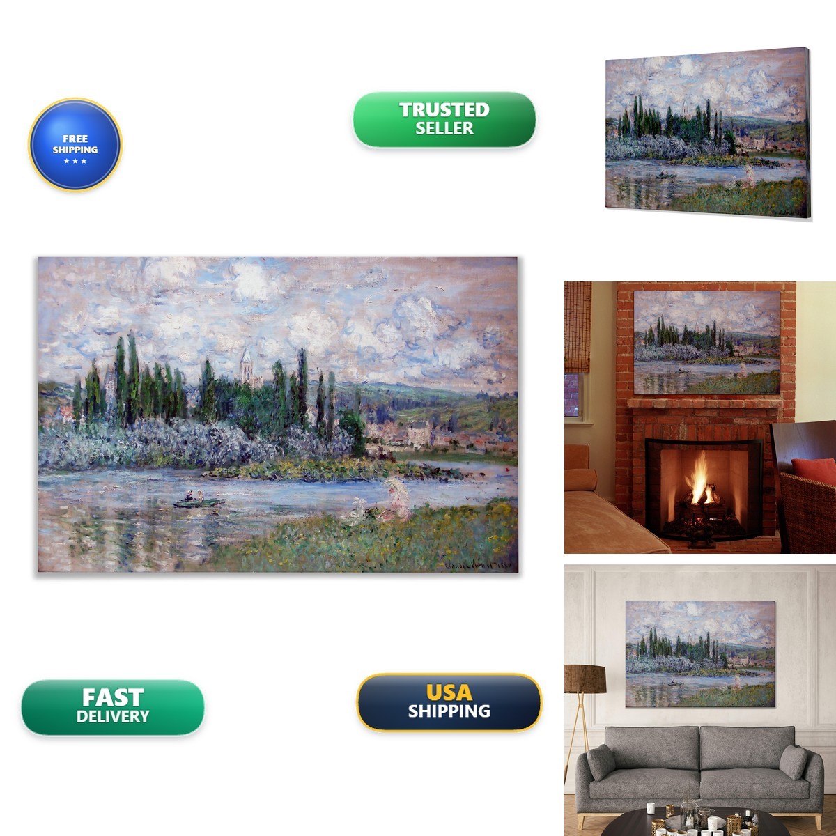 Monet Wall Art Collection View of Vetheuil 1880 Canvas Prints Stretched Framed