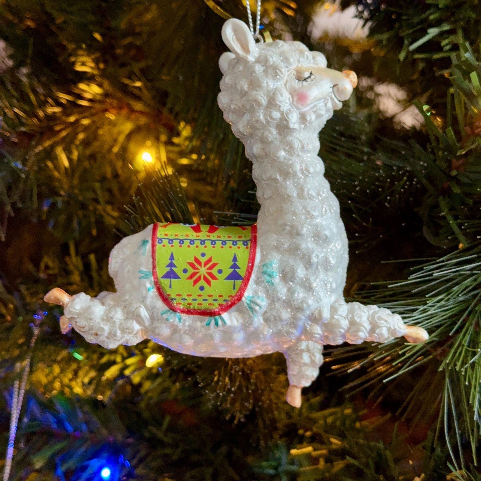 Glitter Regal Jumping Llama Glass Christmas Ornament