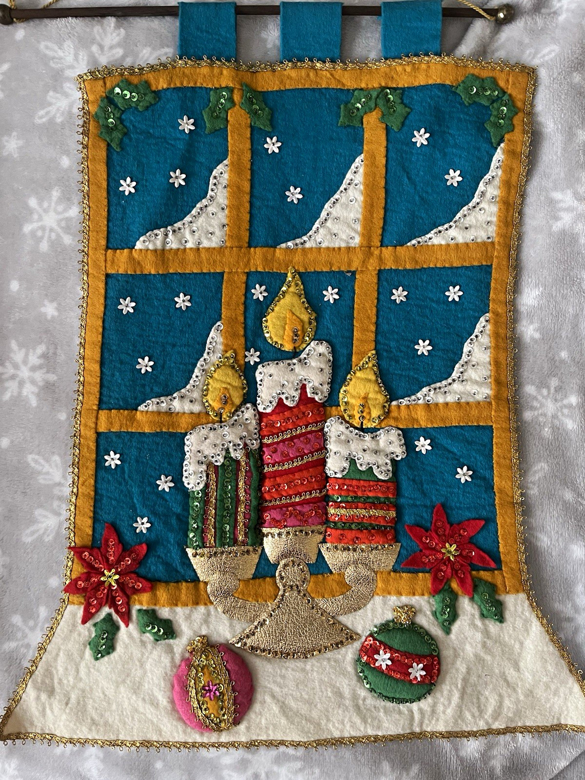 Vintage Bucilla Felt&Sequin “Winter Window” Wall Hanging from Kit# 1642