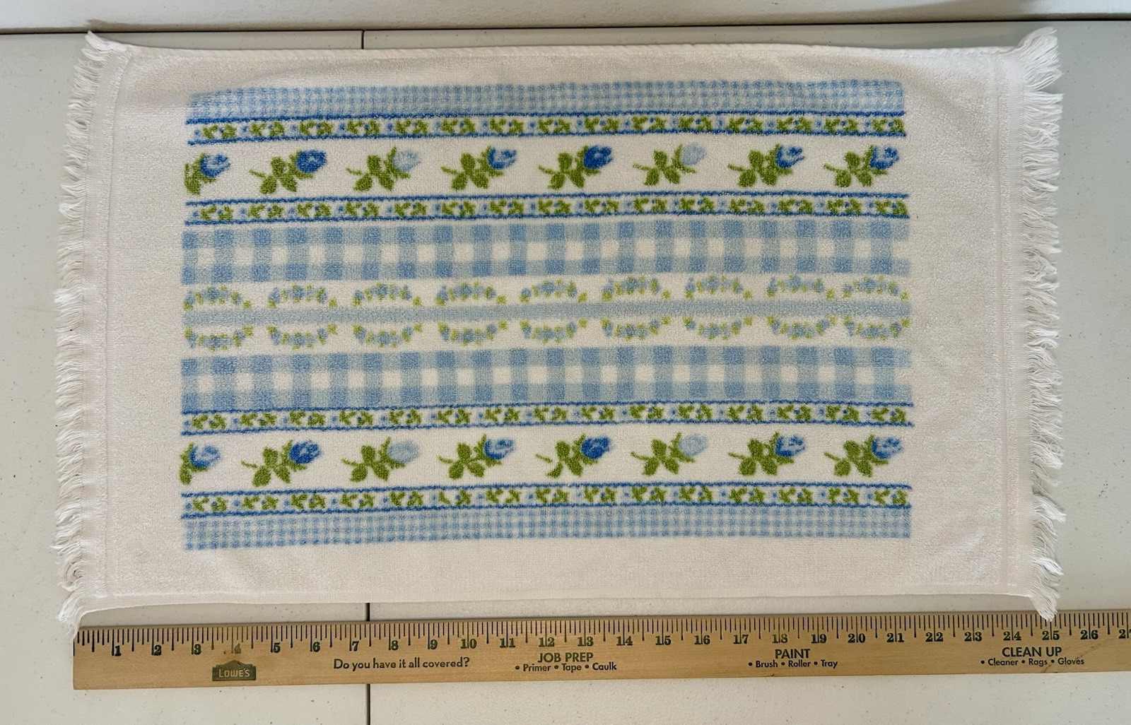 Vintage Sears Drylon Hand Towel Blue Gingham Green Flower Granny Cottage Fringe