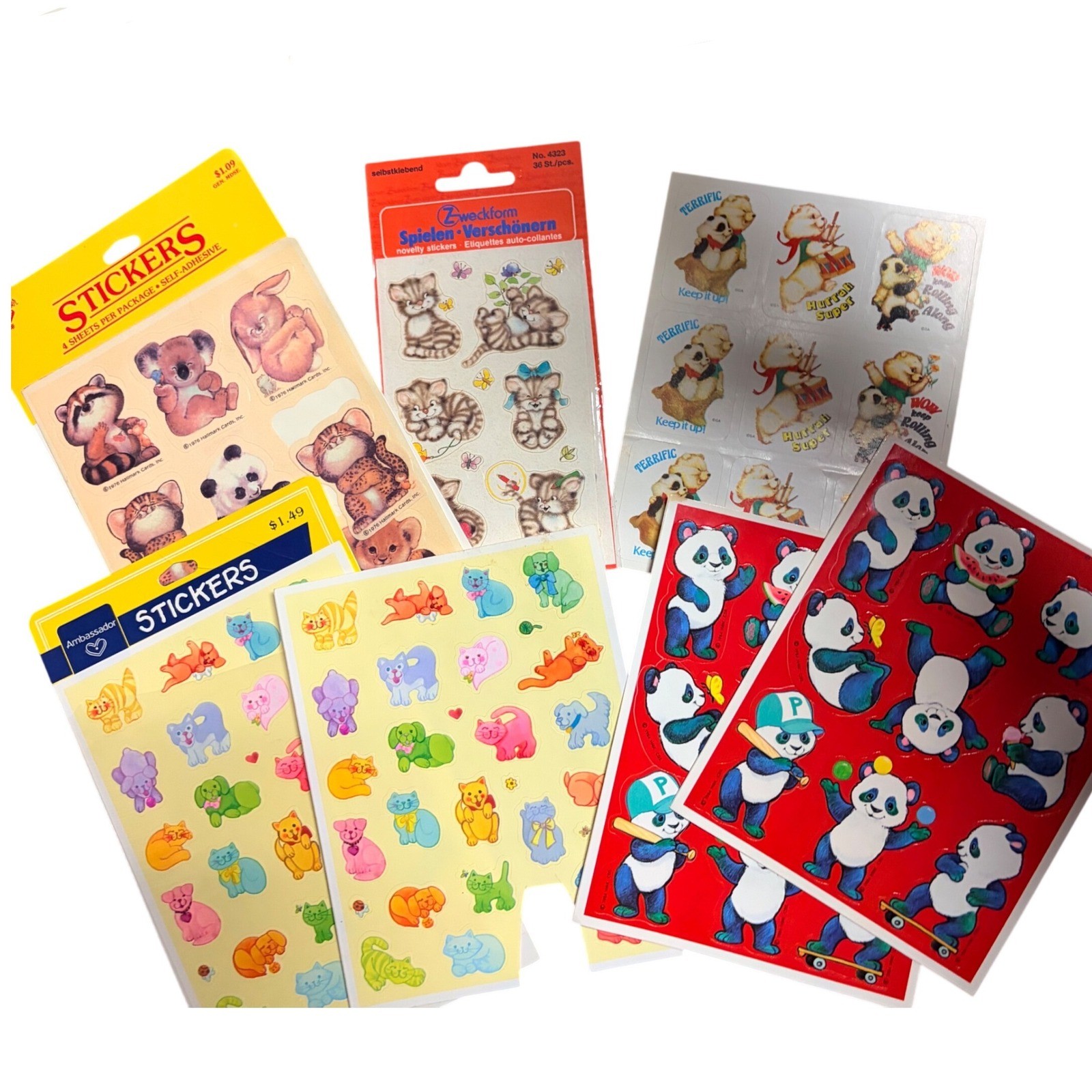 Vintage 70s 80s Sticker Lot Hallmark Ambassador Zweckform Panda Cat Koala Raccn