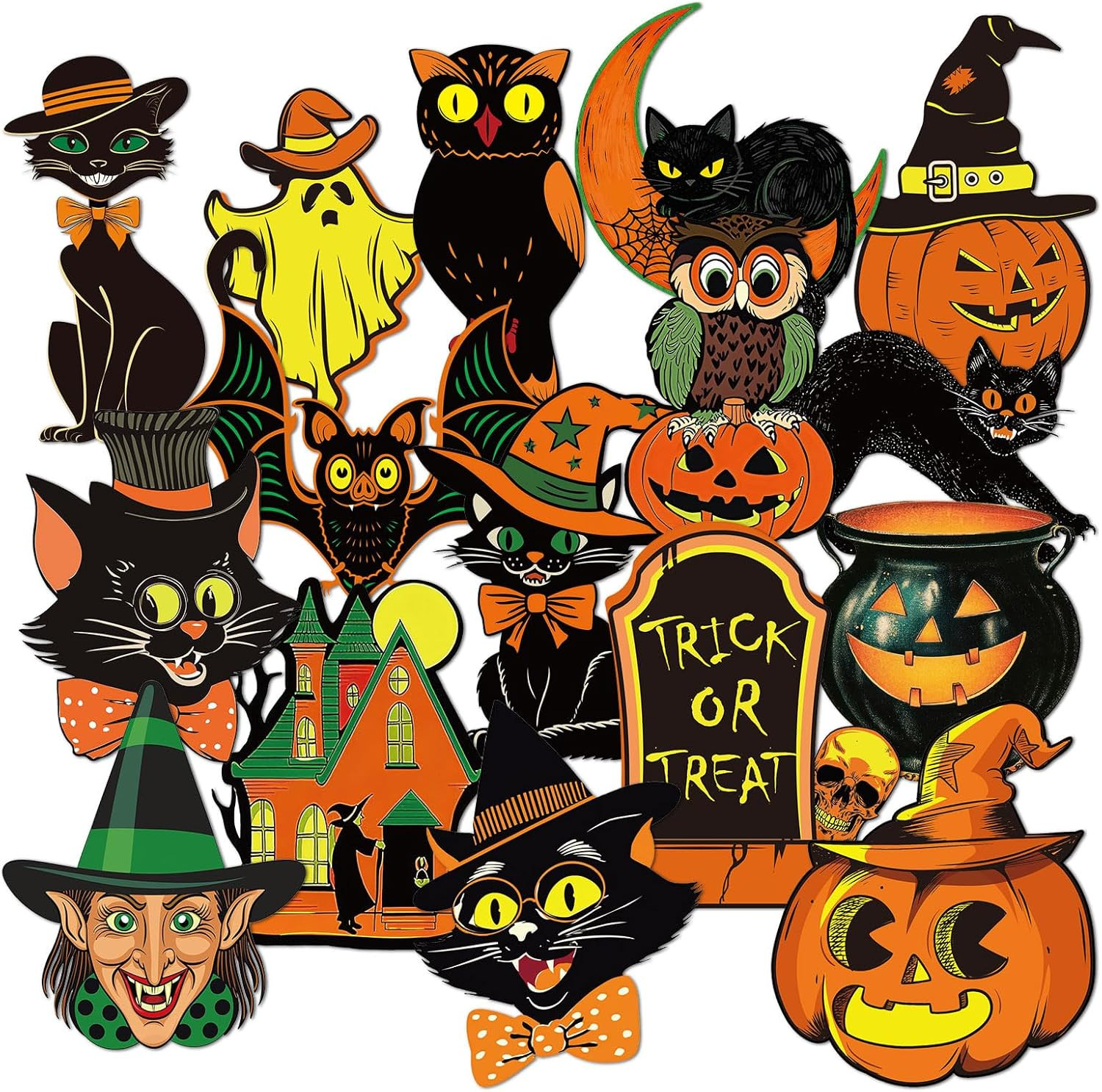 48pc Vintage Halloween Paper Cutouts Pumpkin Witch Cat Party Craft Decor