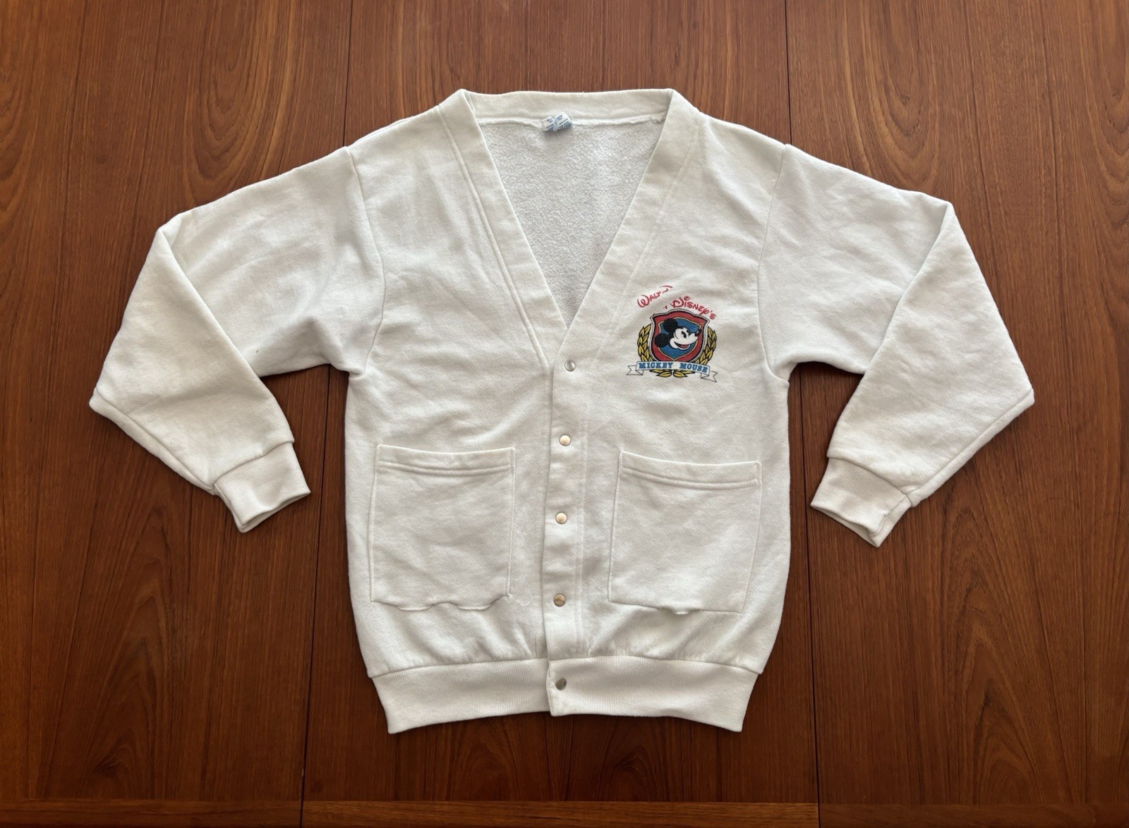 Vintage 80’s Walt Disney Mickey Mouse Fleece Cardigan Men’s Med White Irregular